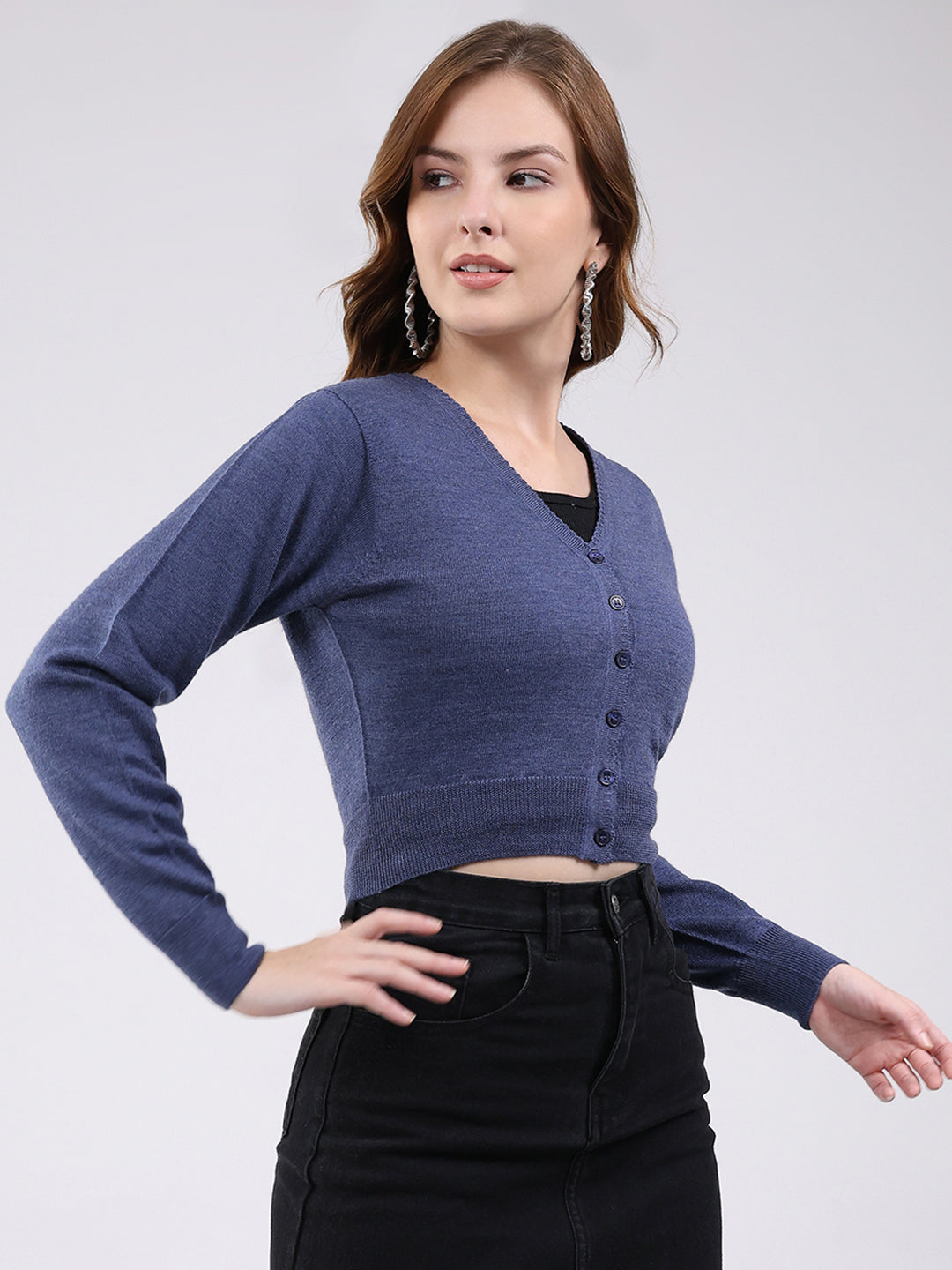 Women Navy Blue Solid V Neck Full Sleeve Blouse