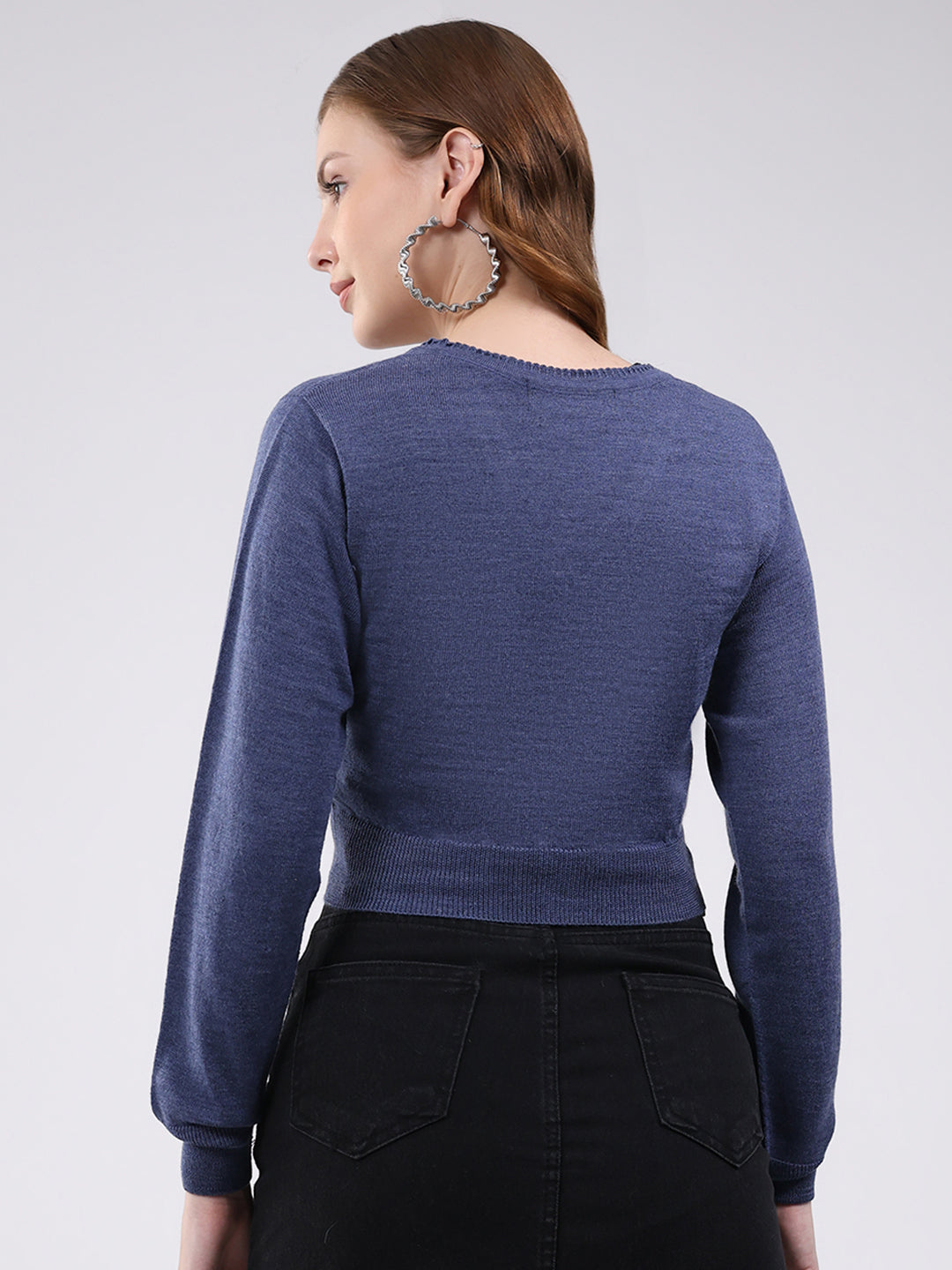 Women Navy Blue Solid V Neck Full Sleeve Blouse