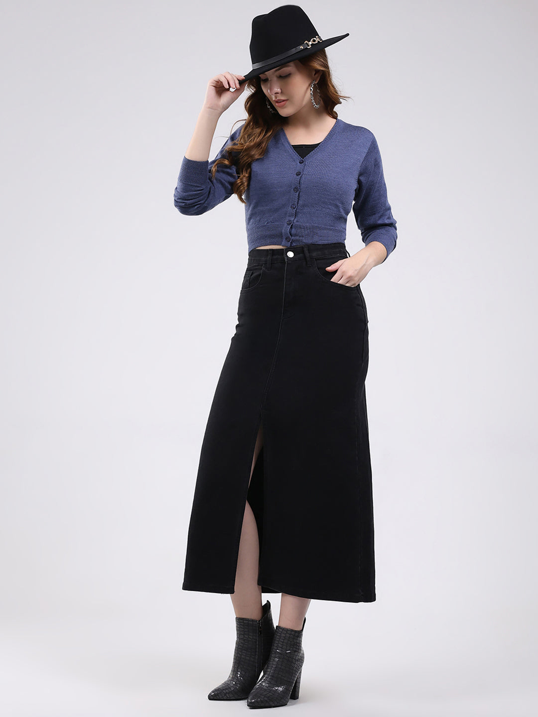 Women Navy Blue Solid V Neck Full Sleeve Blouse