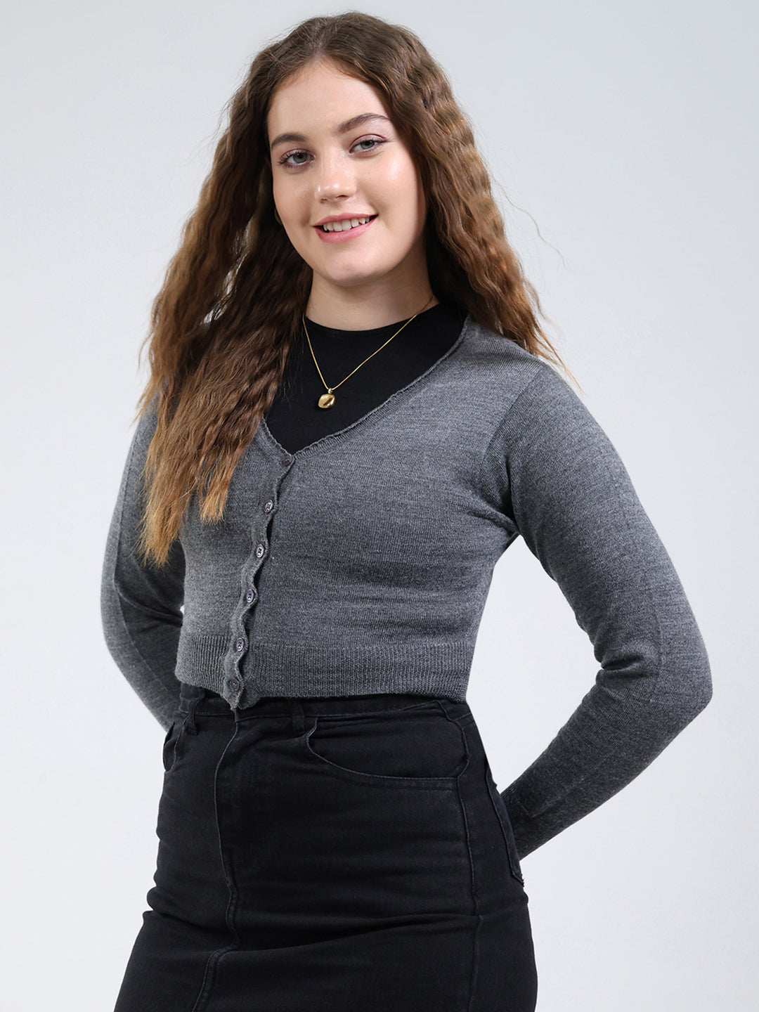 Women Grey Solid V Neck Full Sleeve Cardigan