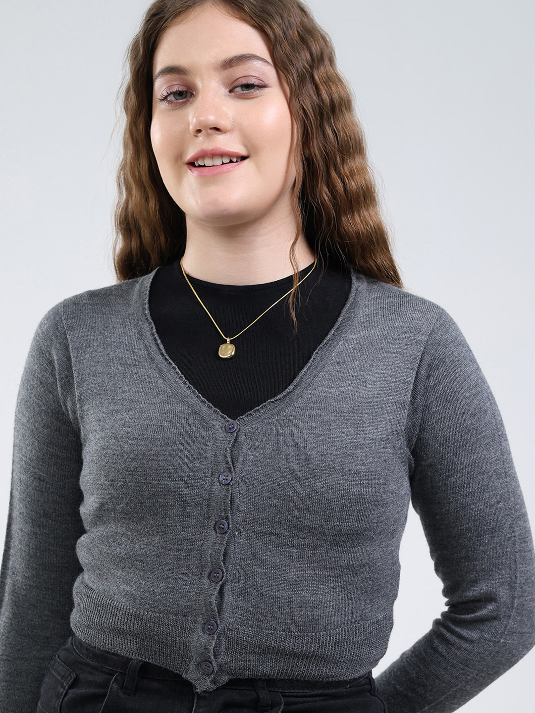 Women Grey Solid V Neck Full Sleeve Cardigan