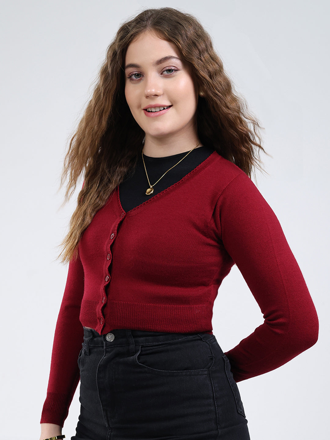 Women Maroon Solid V Neck Full Sleeve Cardigan