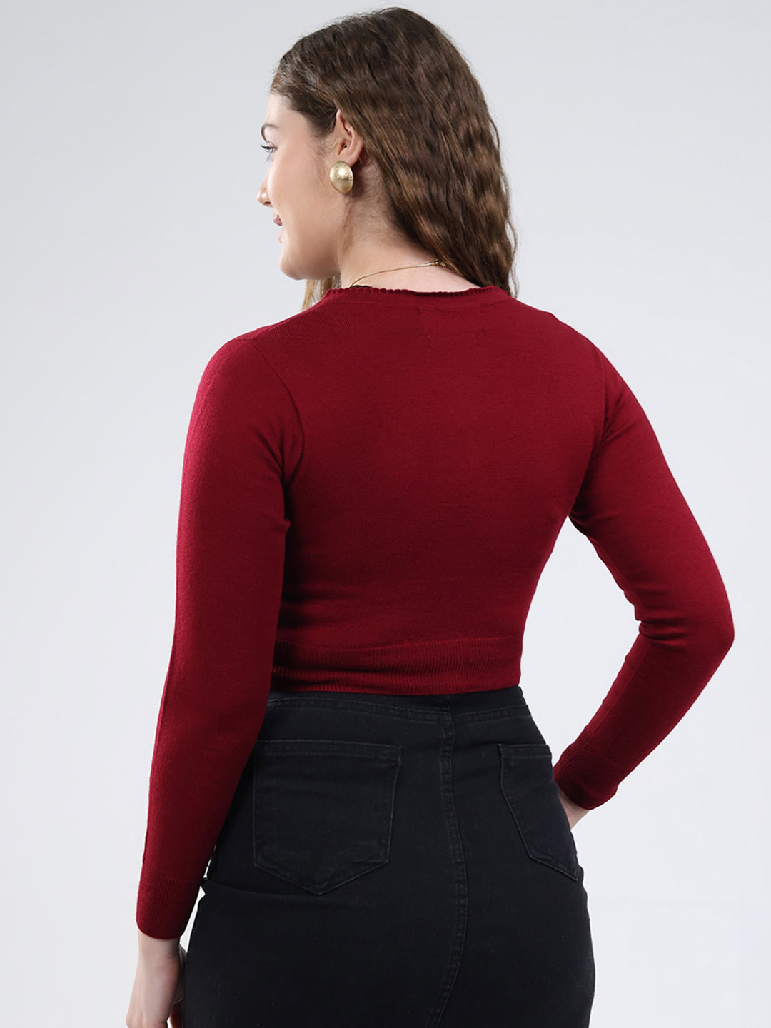 Women Maroon Solid V Neck Full Sleeve Cardigan