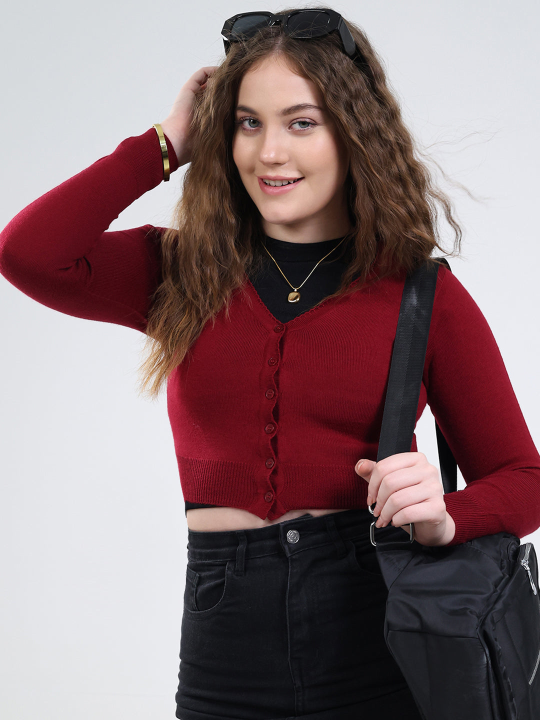 Women Maroon Solid V Neck Full Sleeve Cardigan