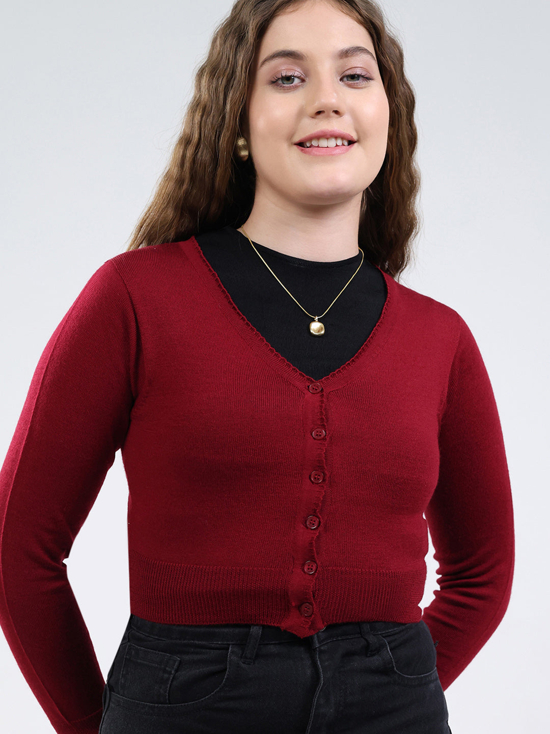 Women Maroon Solid V Neck Full Sleeve Cardigan