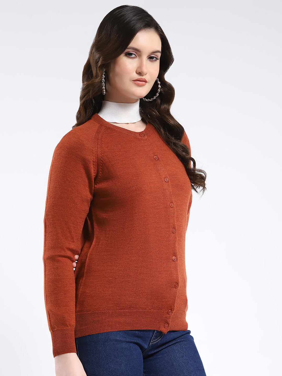 Women Rust Solid Round Neck Full Sleeve Cardigan