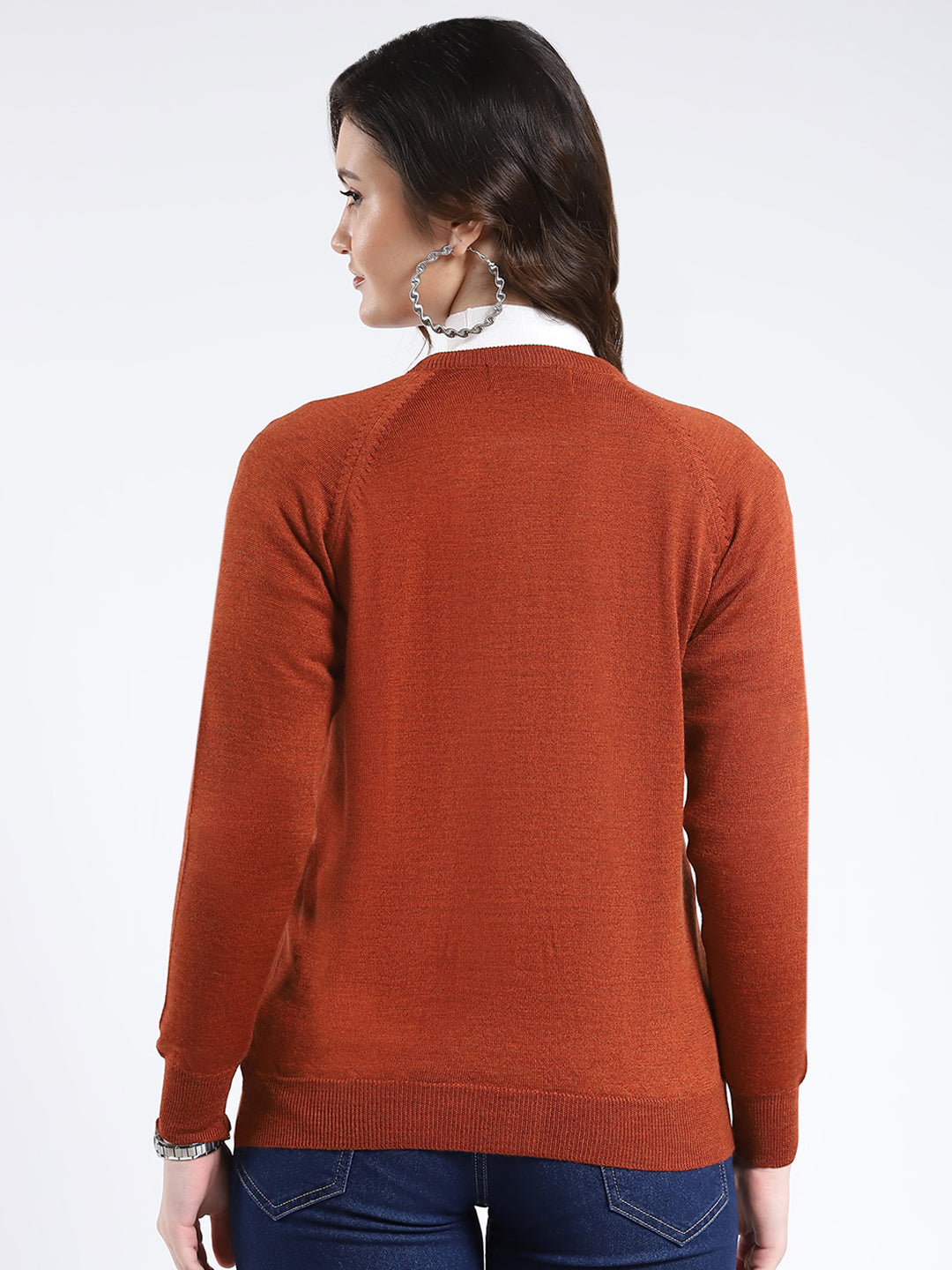 Women Rust Solid Round Neck Full Sleeve Cardigan