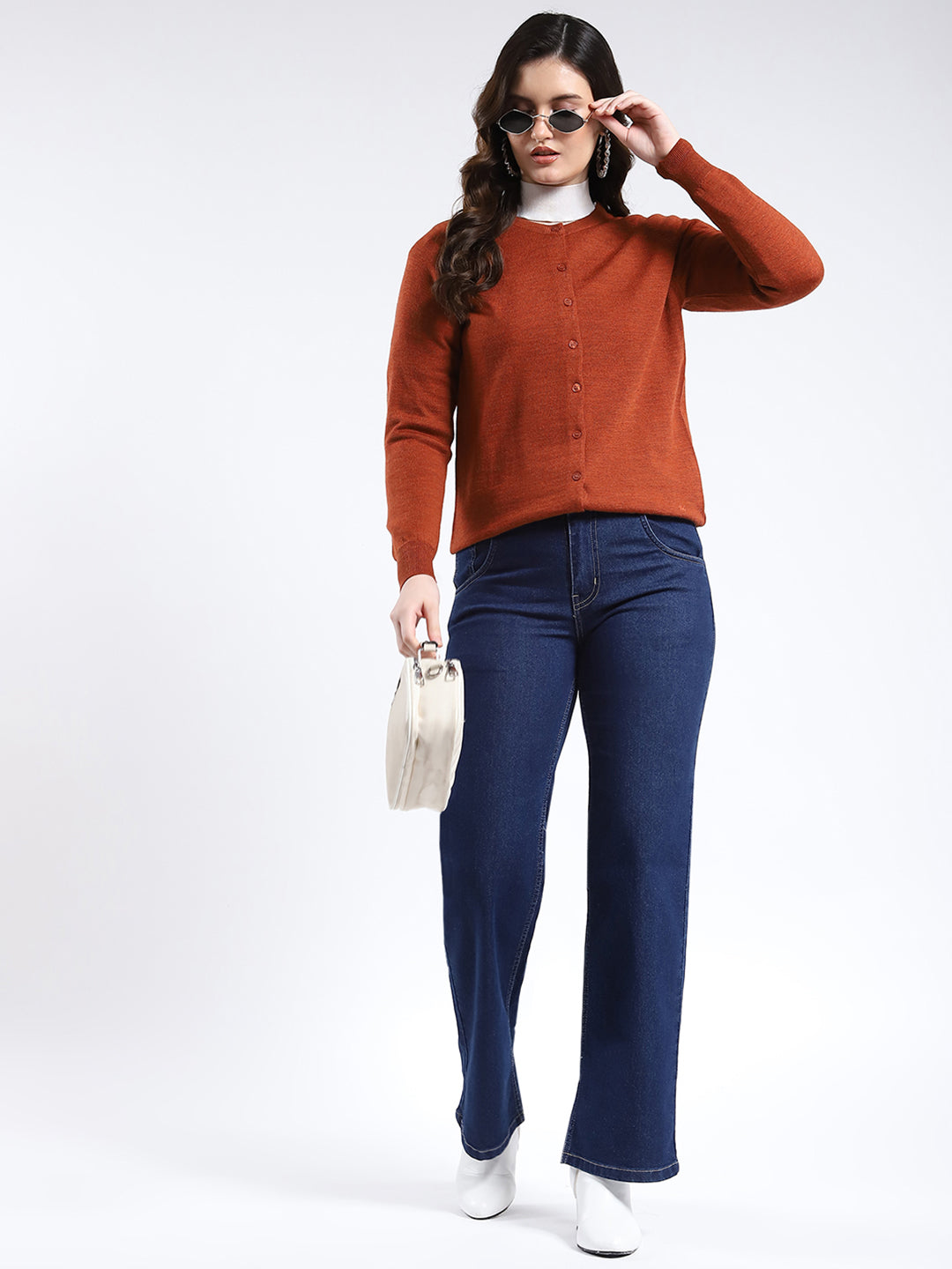 Women Rust Solid Round Neck Full Sleeve Cardigan