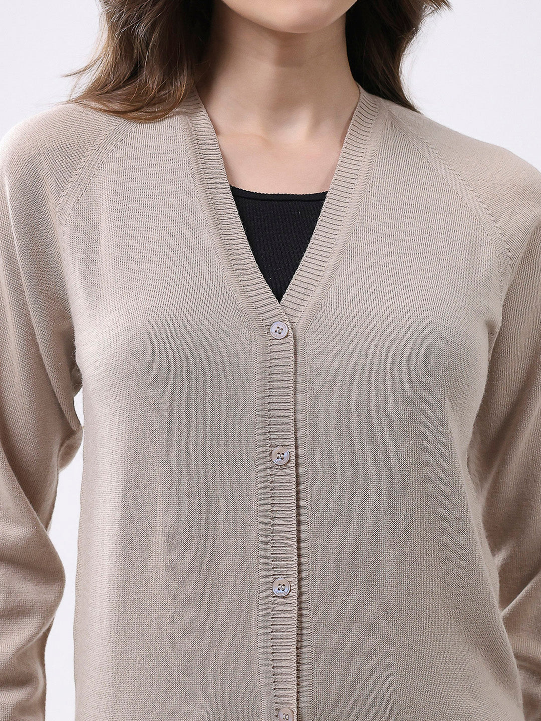 Women Beige Solid V Neck Full Sleeve Cardigan