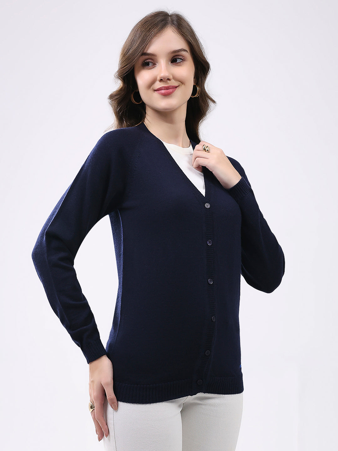 Women Navy Blue Solid V Neck Full Sleeve Cardigan