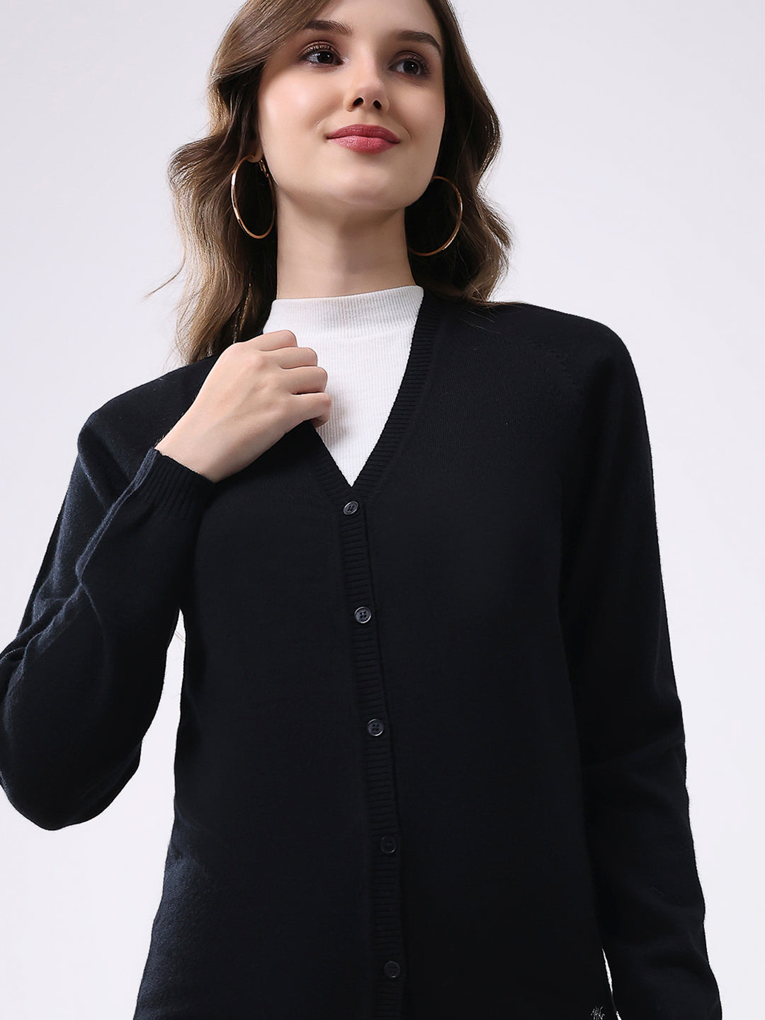 Women Black Solid V Neck Full Sleeve Cardigan