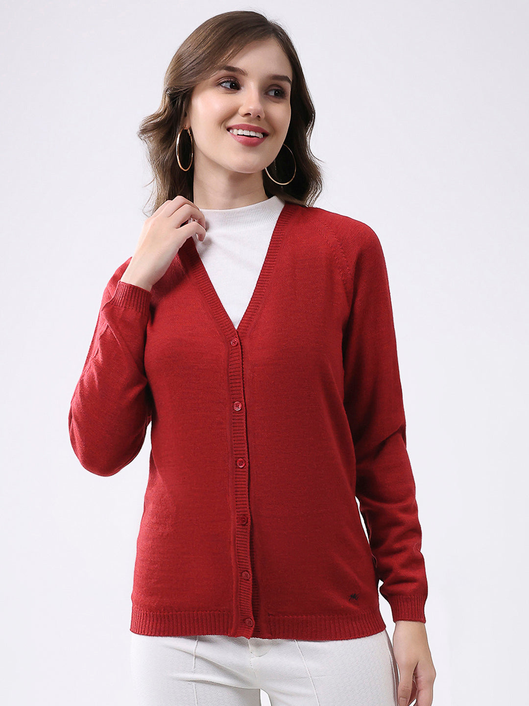 Women Red Solid V Neck Full Sleeve Cardigan
