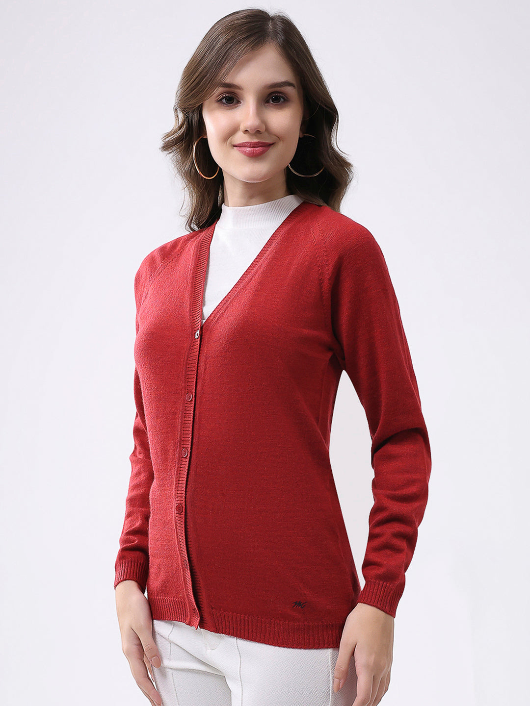 Women Red Solid V Neck Full Sleeve Cardigan