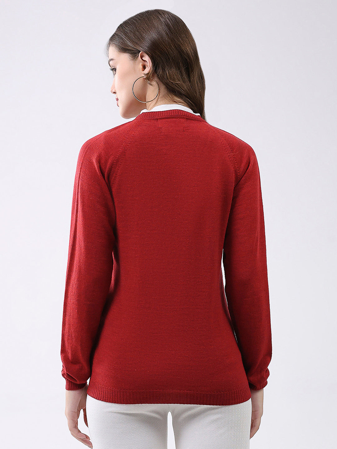 Women Red Solid V Neck Full Sleeve Cardigan