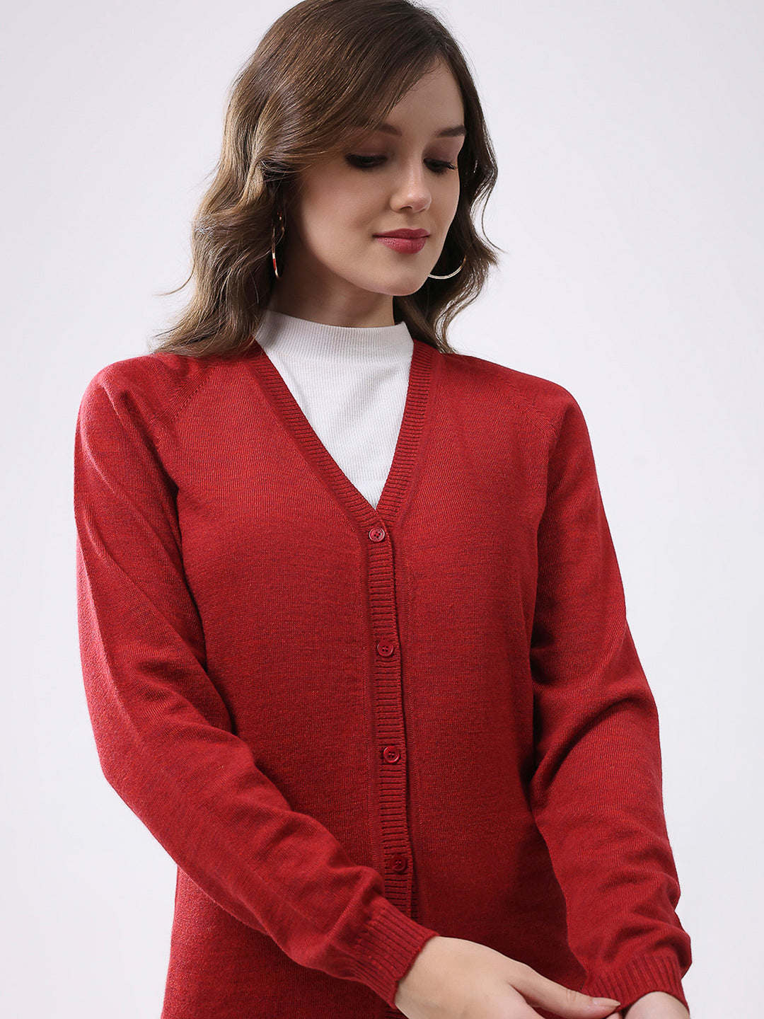 Women Red Solid V Neck Full Sleeve Cardigan