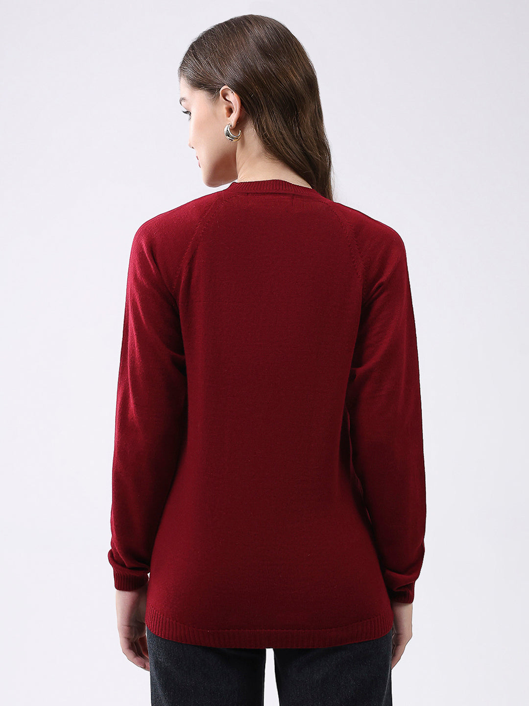 Women Maroon Solid V Neck Full Sleeve Cardigan