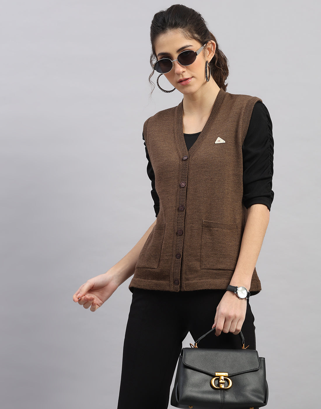 Women Brown Solid V Neck Sleeveless Cardigan