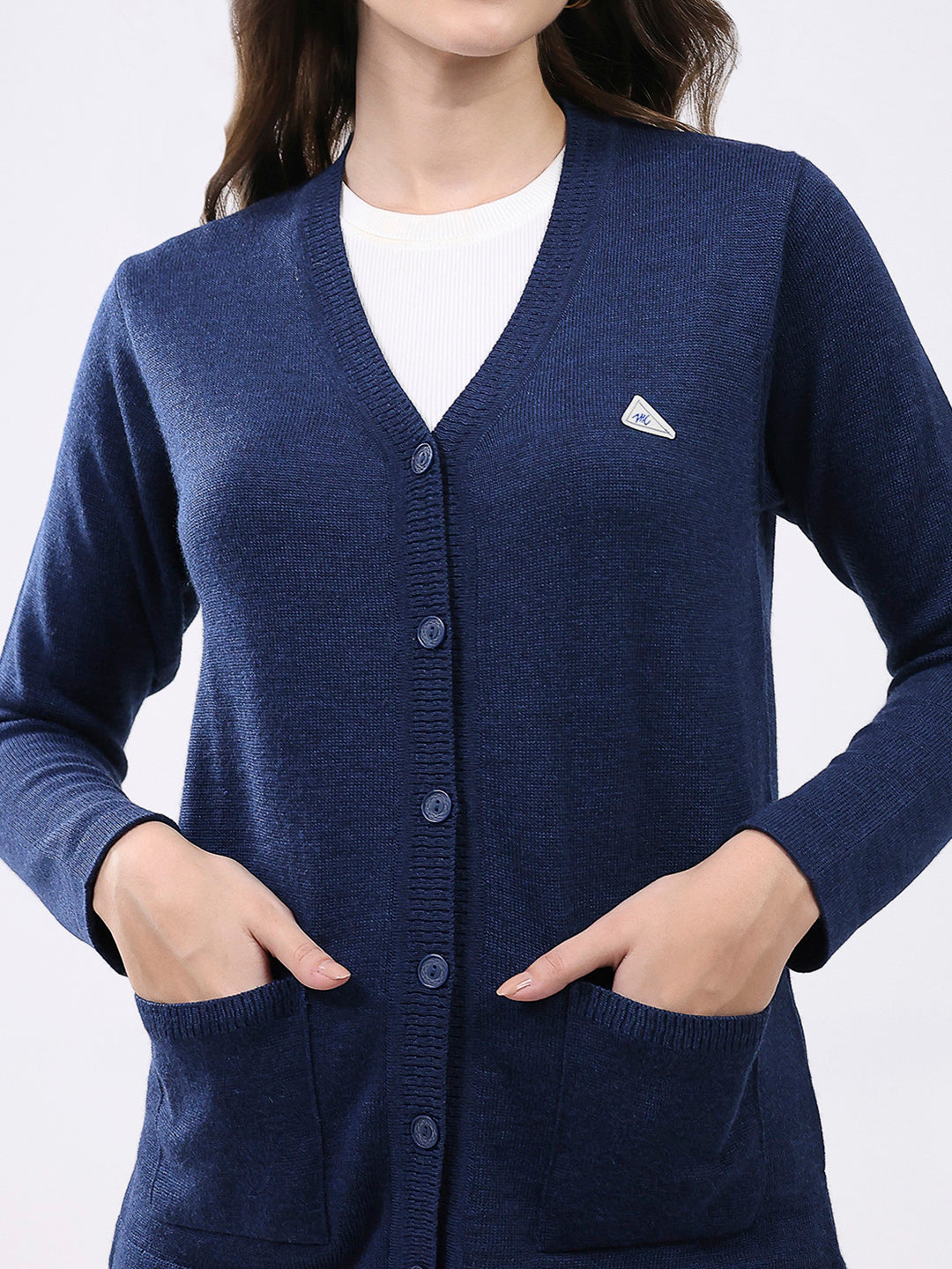 Women Navy Blue Solid V Neck Full Sleeve Cardigan