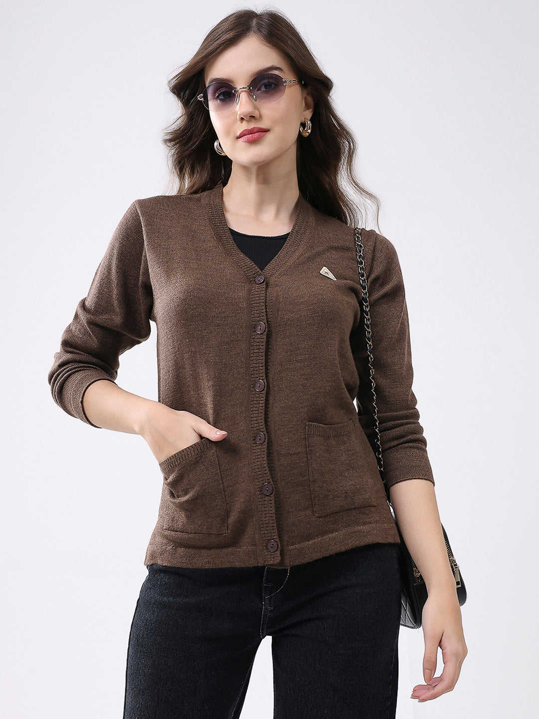 Women Brown Solid V Neck Full Sleeve Cardigan