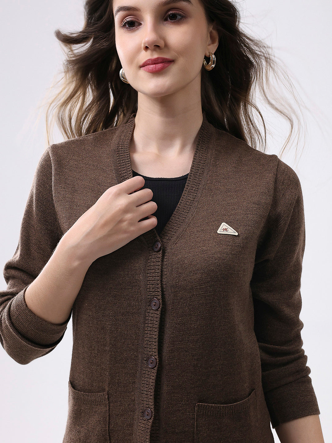 Women Brown Solid V Neck Full Sleeve Cardigan
