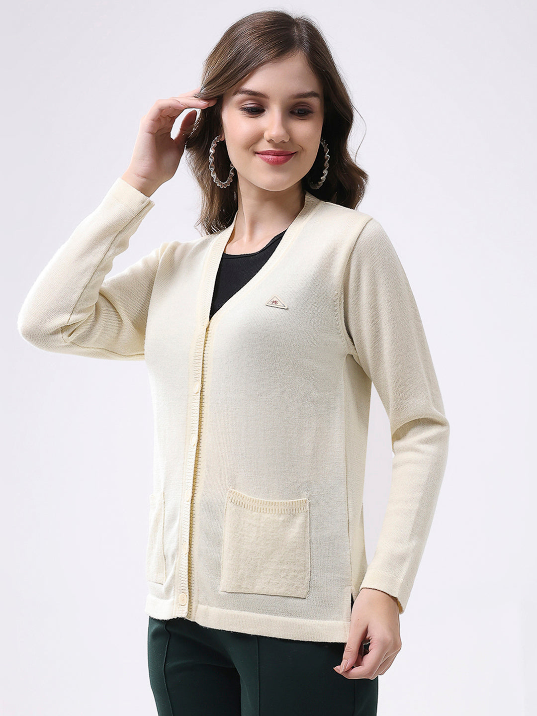 Women Off White Solid V Neck Full Sleeve Cardigan