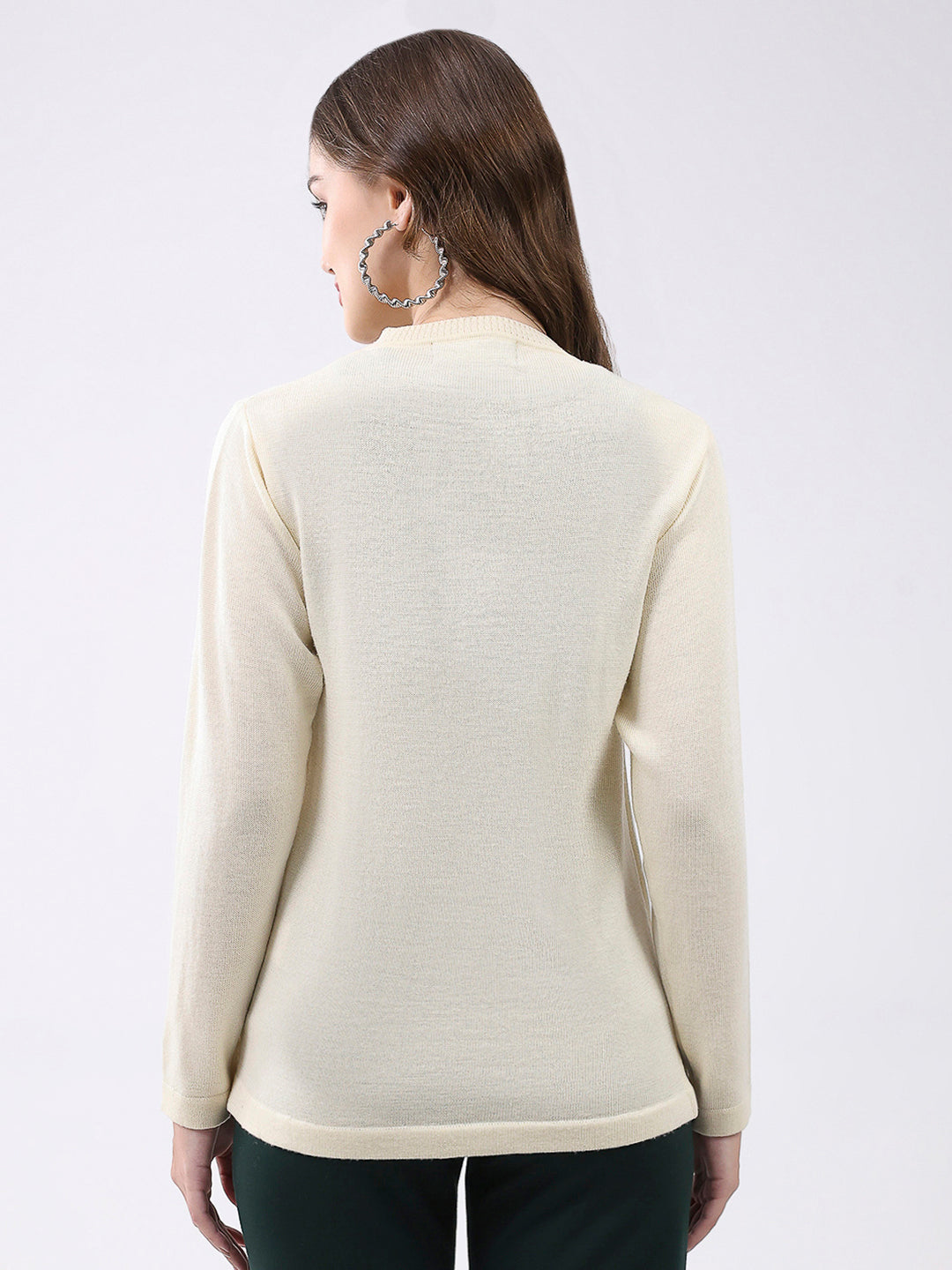 Women Off White Solid V Neck Full Sleeve Cardigan