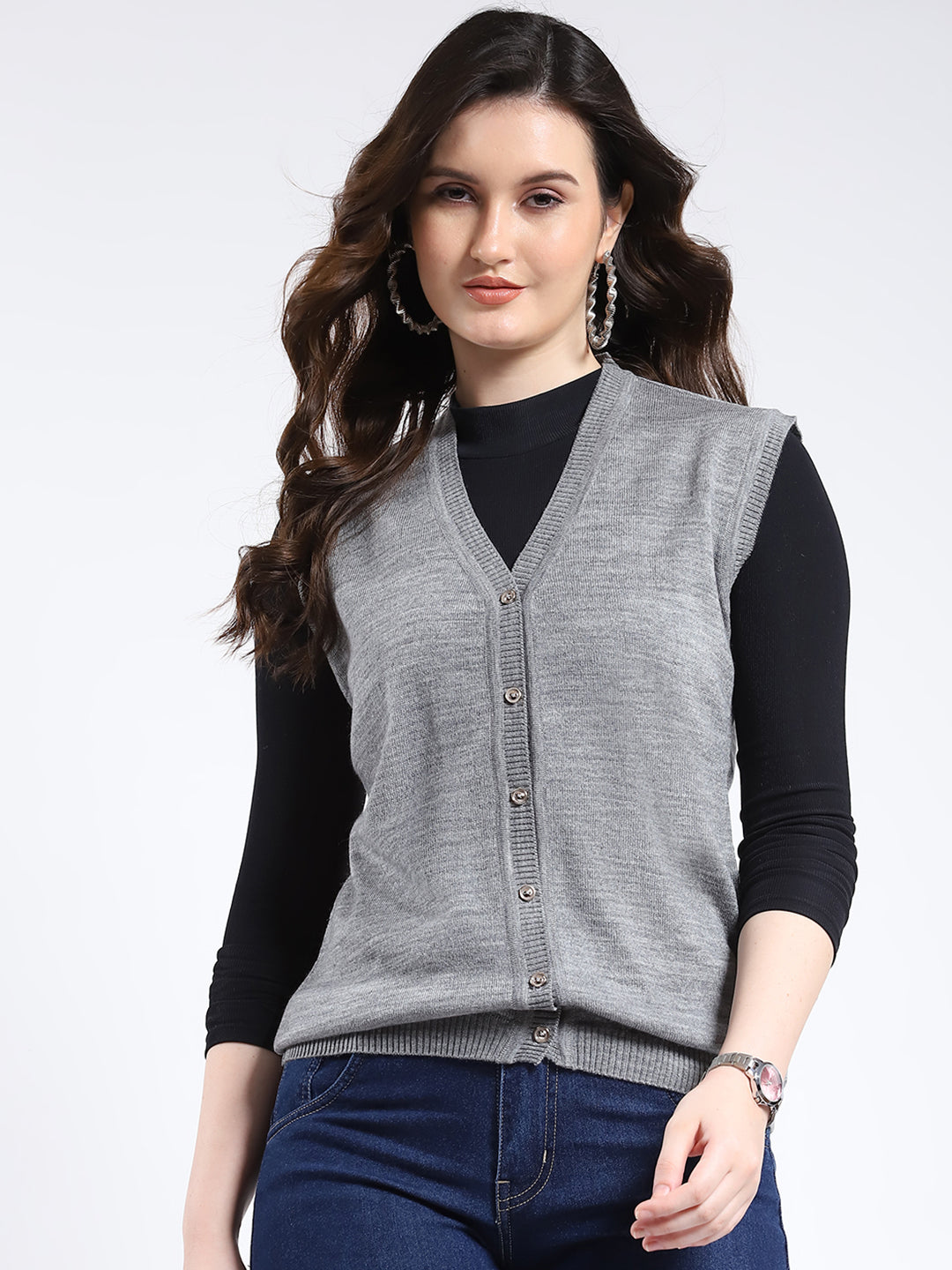 Women Grey Solid V Neck Sleeveless Cardigan