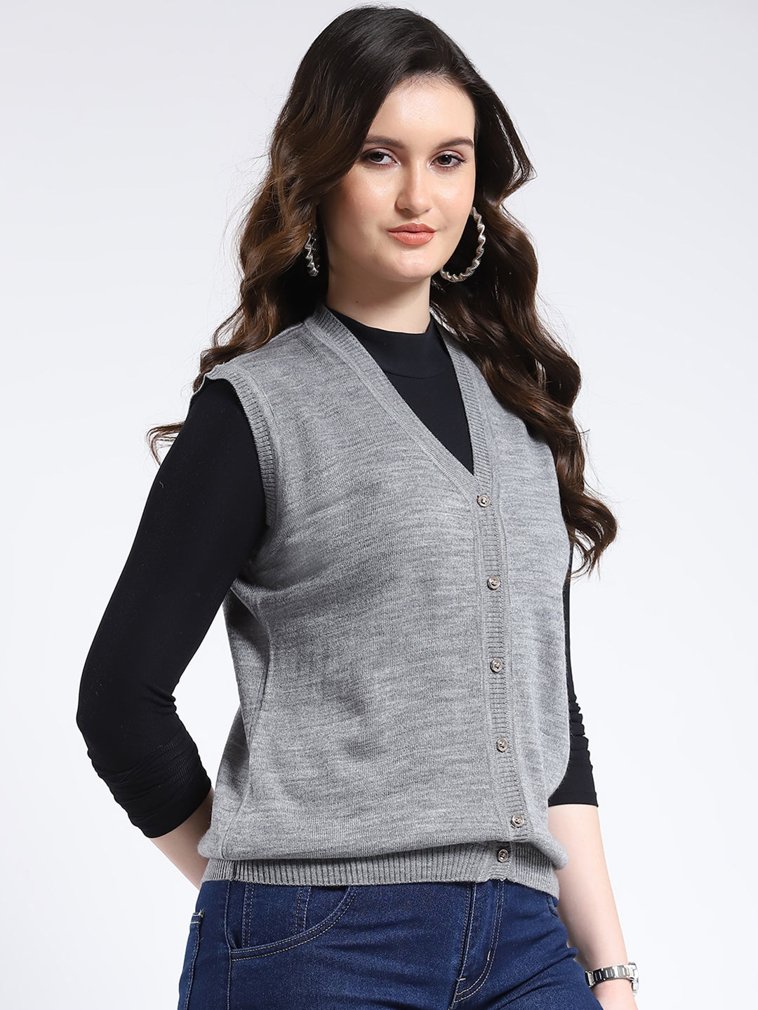 Women Grey Solid V Neck Sleeveless Cardigan