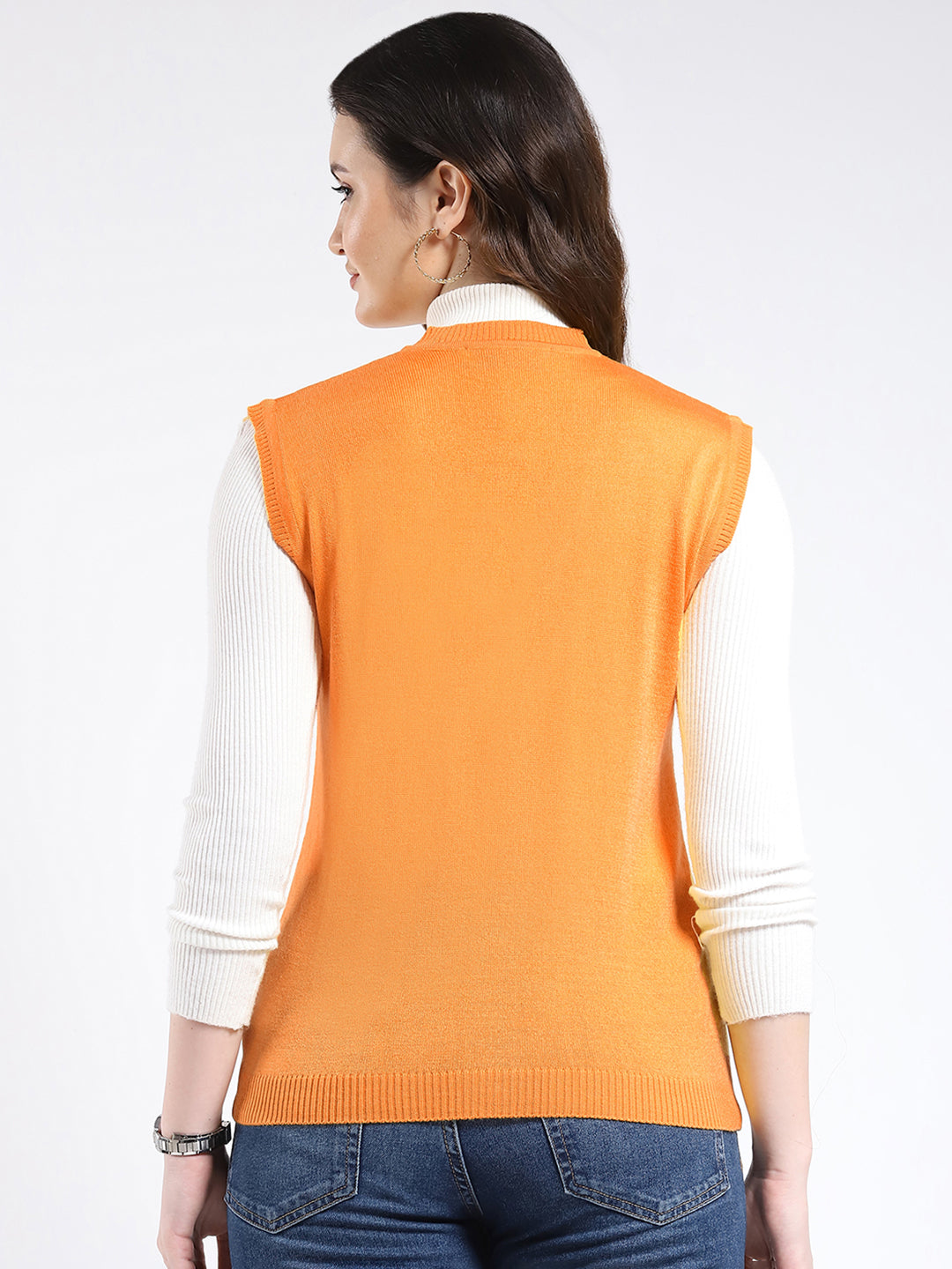 Women Yellow Solid V Neck Sleeveless Cardigan