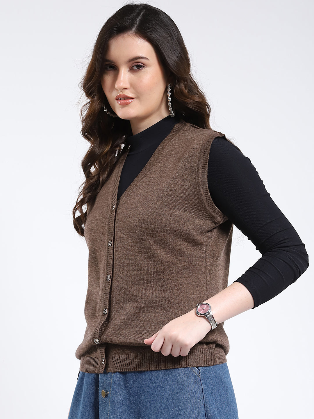 Women Brown Solid V Neck Sleeveless Cardigan