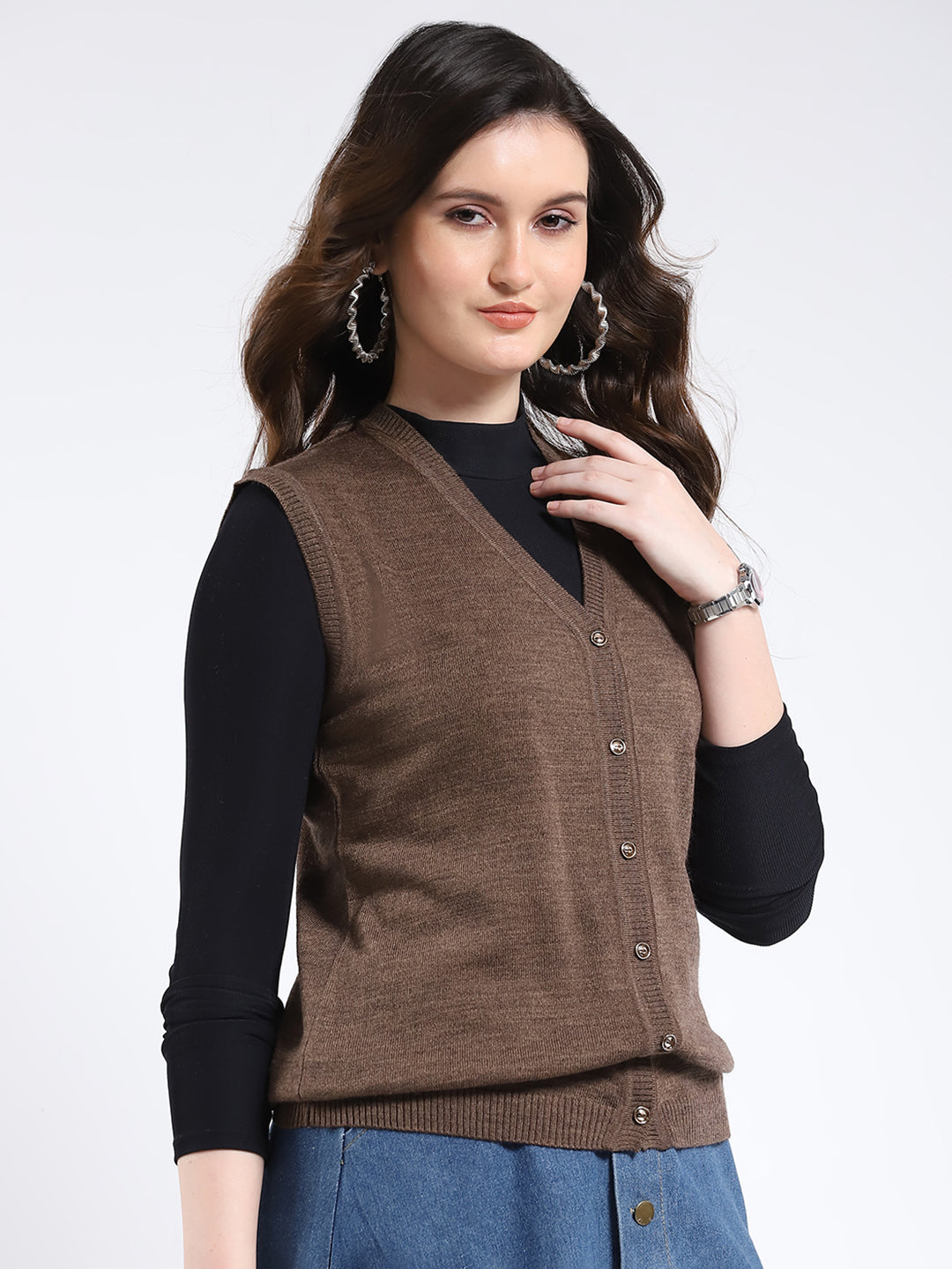 Women Brown Solid V Neck Sleeveless Cardigan
