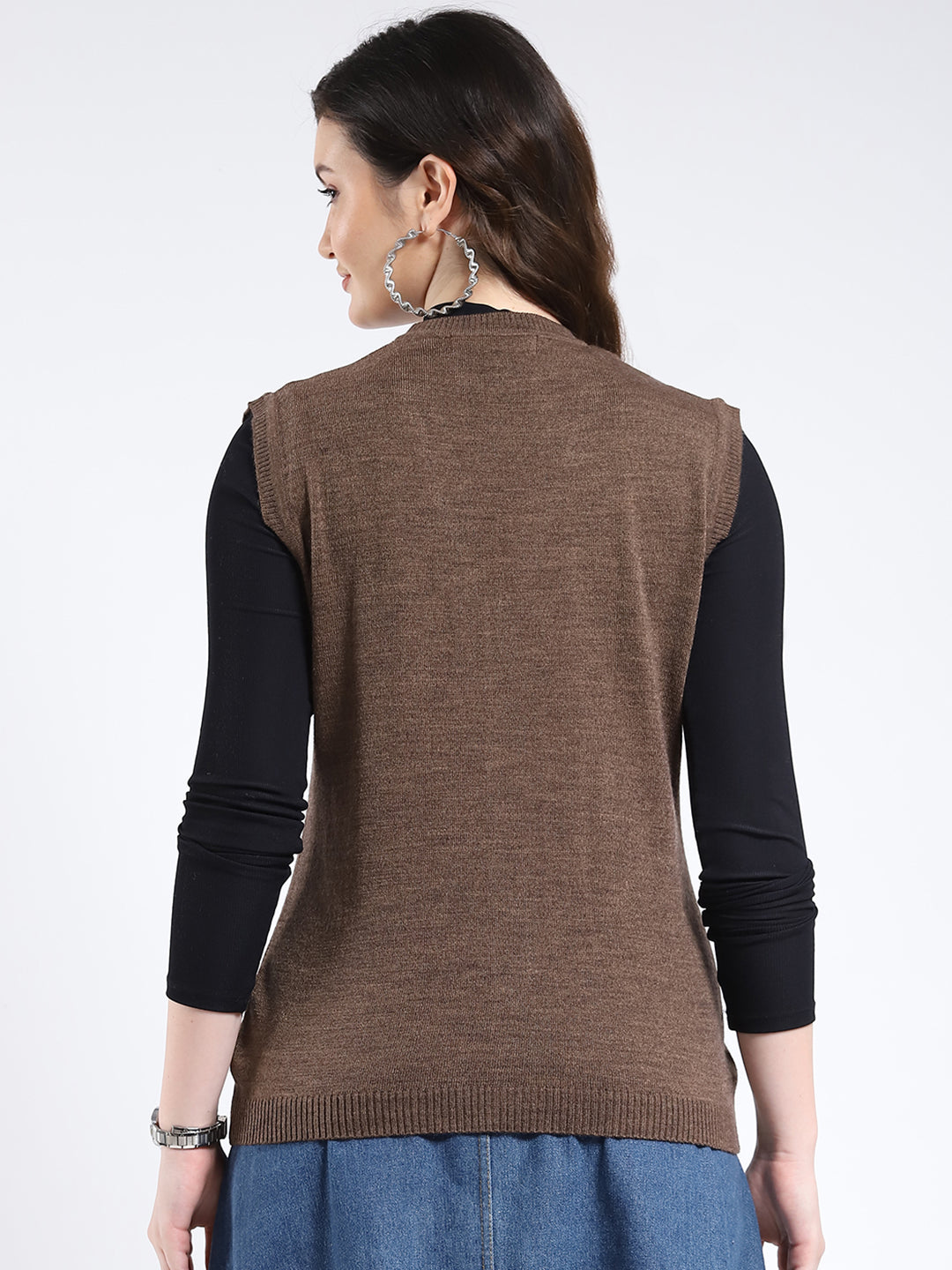 Women Brown Solid V Neck Sleeveless Cardigan
