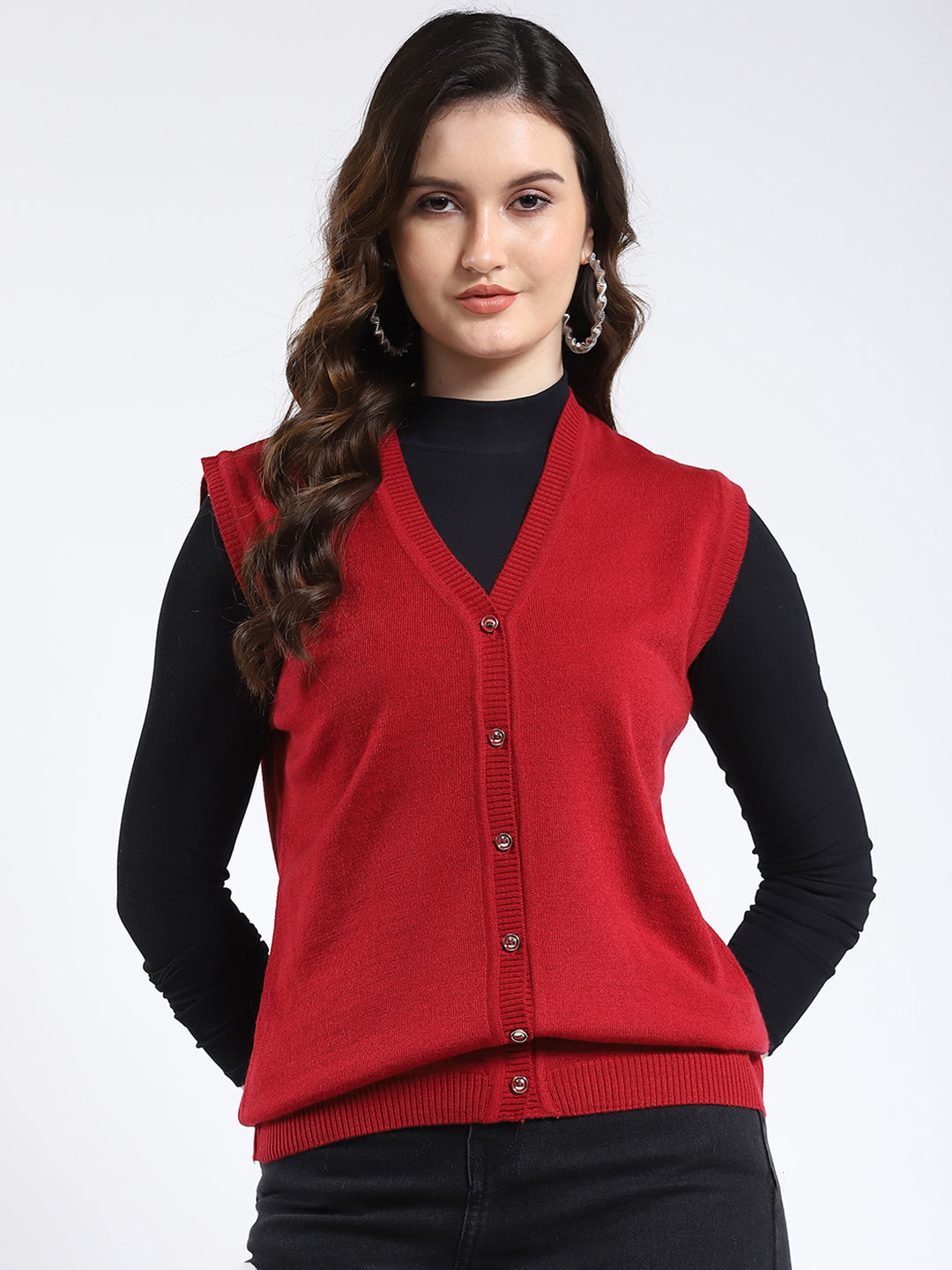 Women Red Solid V Neck Sleeveless Cardigan
