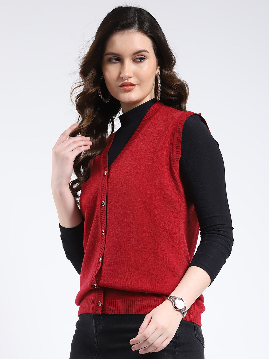 Women Red Solid V Neck Sleeveless Cardigan