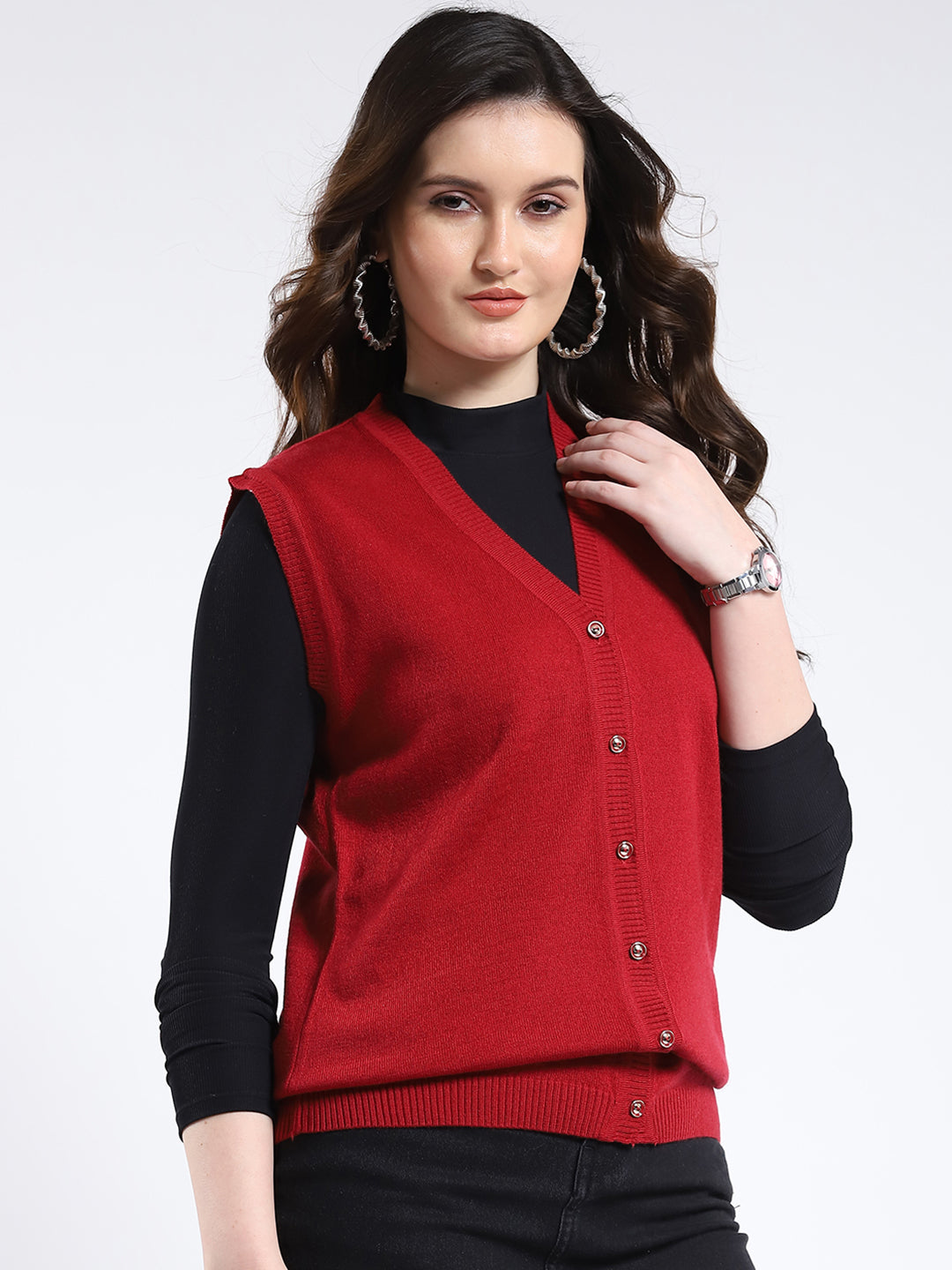 Women Red Solid V Neck Sleeveless Cardigan
