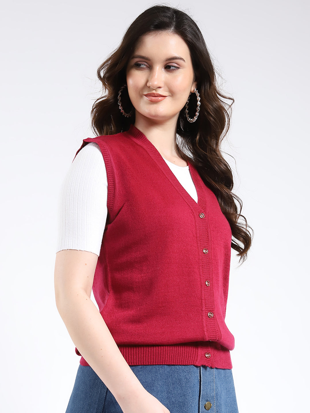 Women Red Solid V Neck Sleeveless Cardigan