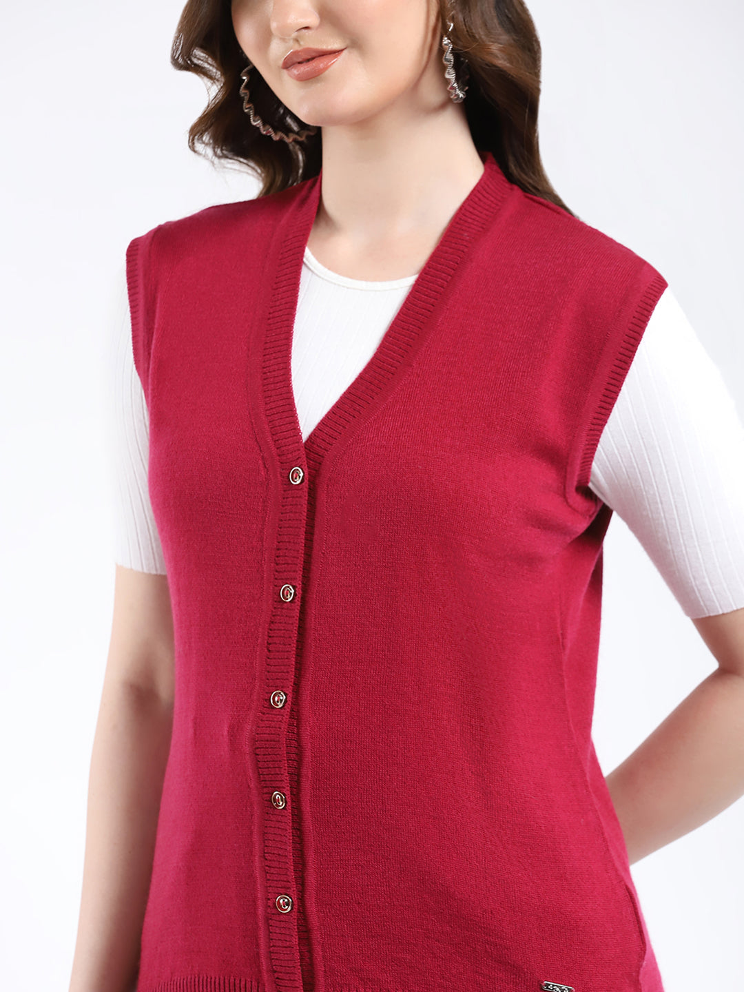 Women Red Solid V Neck Sleeveless Cardigan