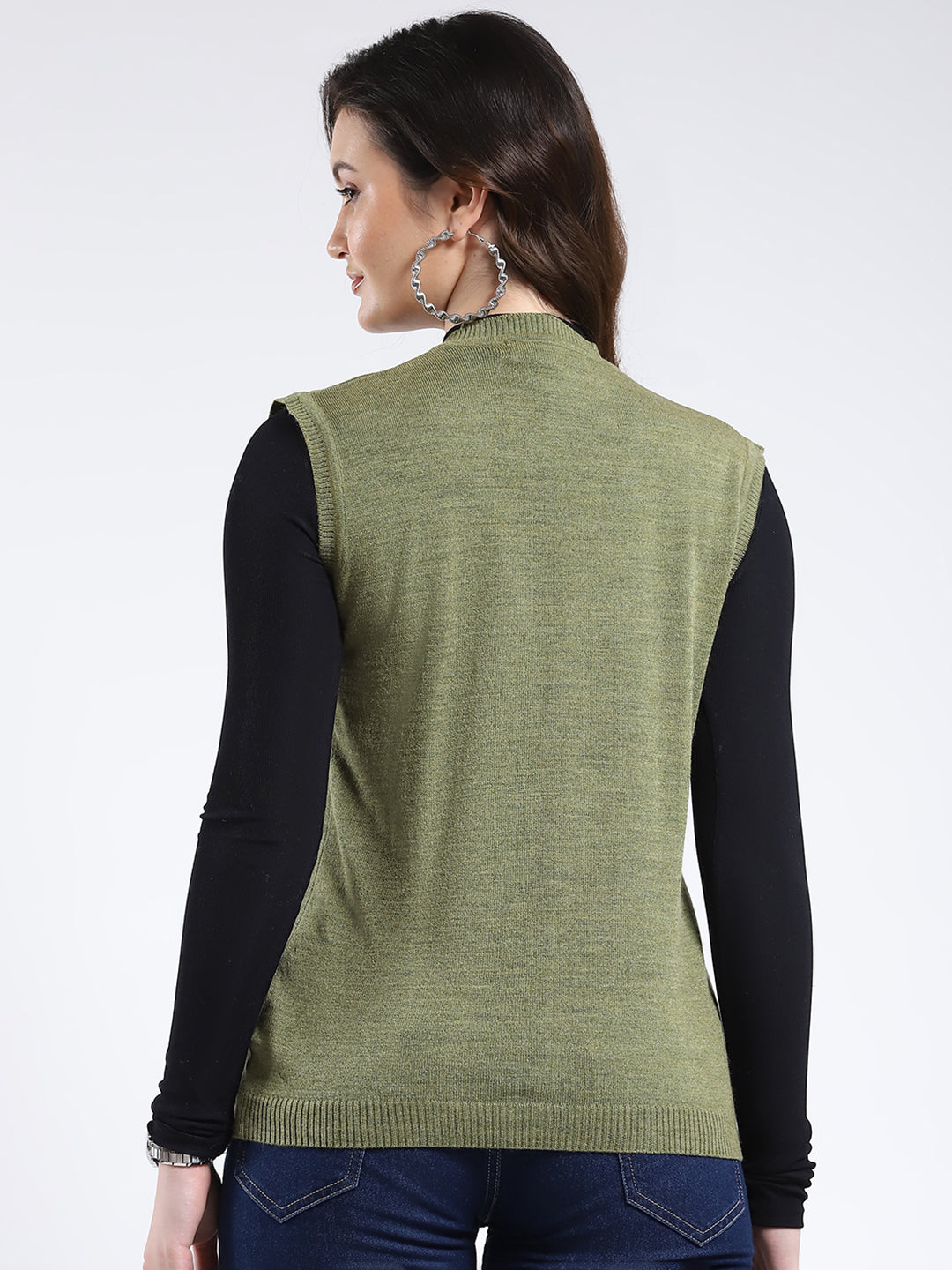 Women Olive Solid V Neck Sleeveless Cardigan
