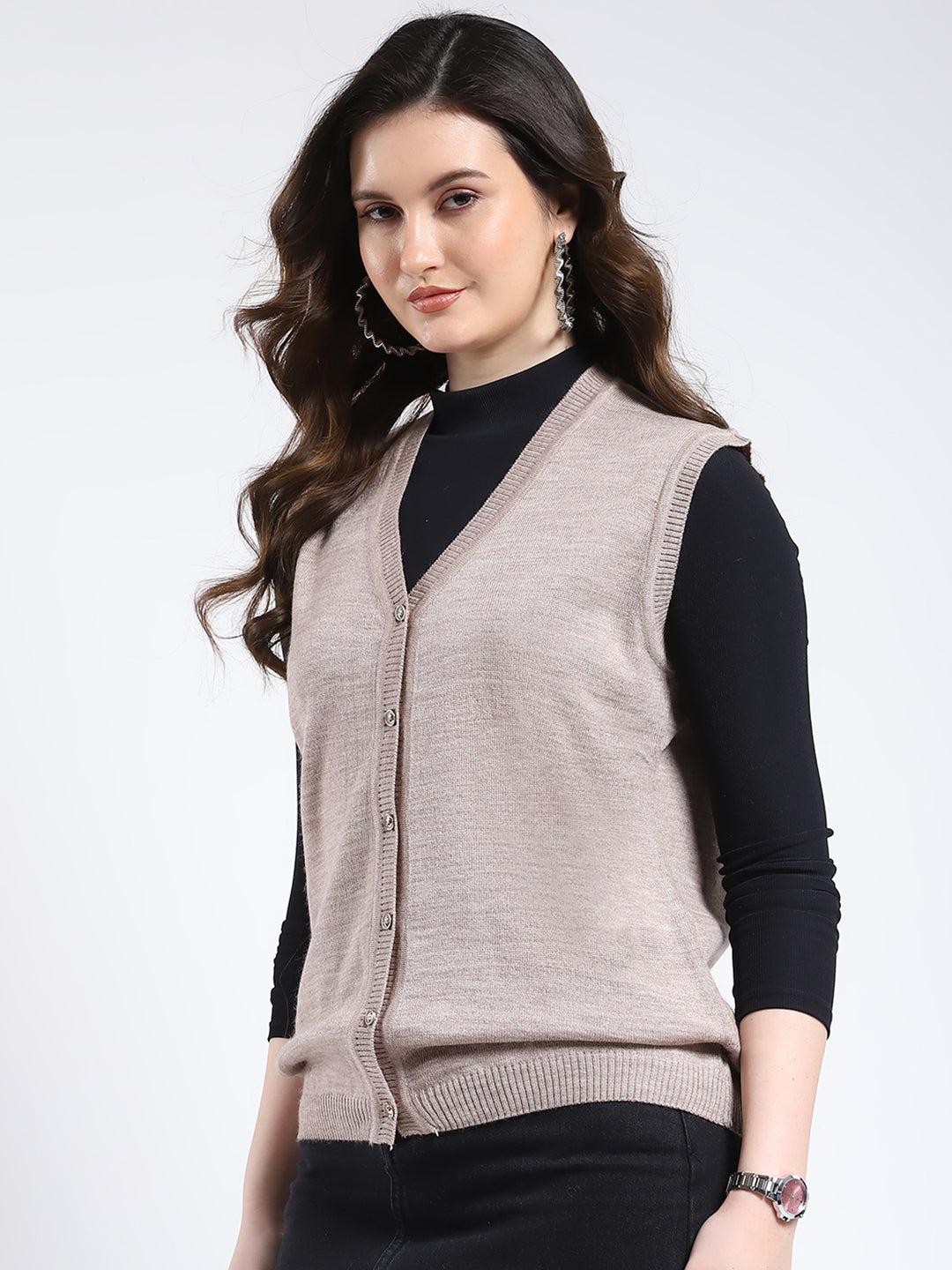 Women Beige Solid V Neck Sleeveless Cardigan