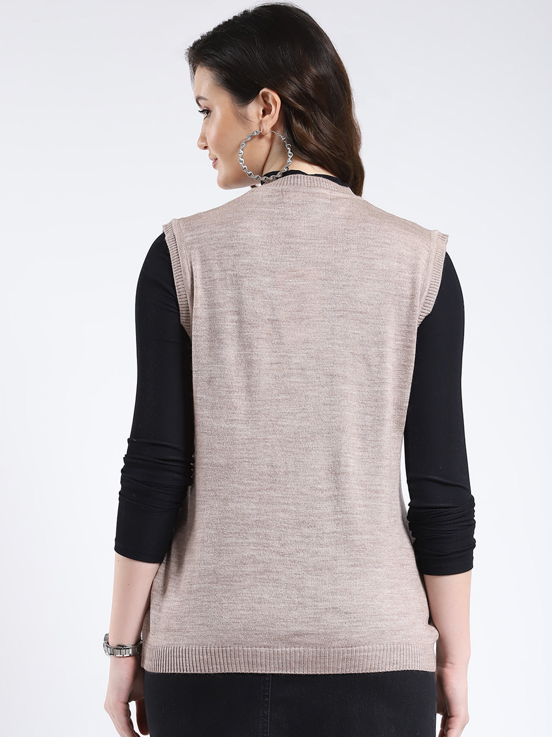 Women Beige Solid V Neck Sleeveless Cardigan
