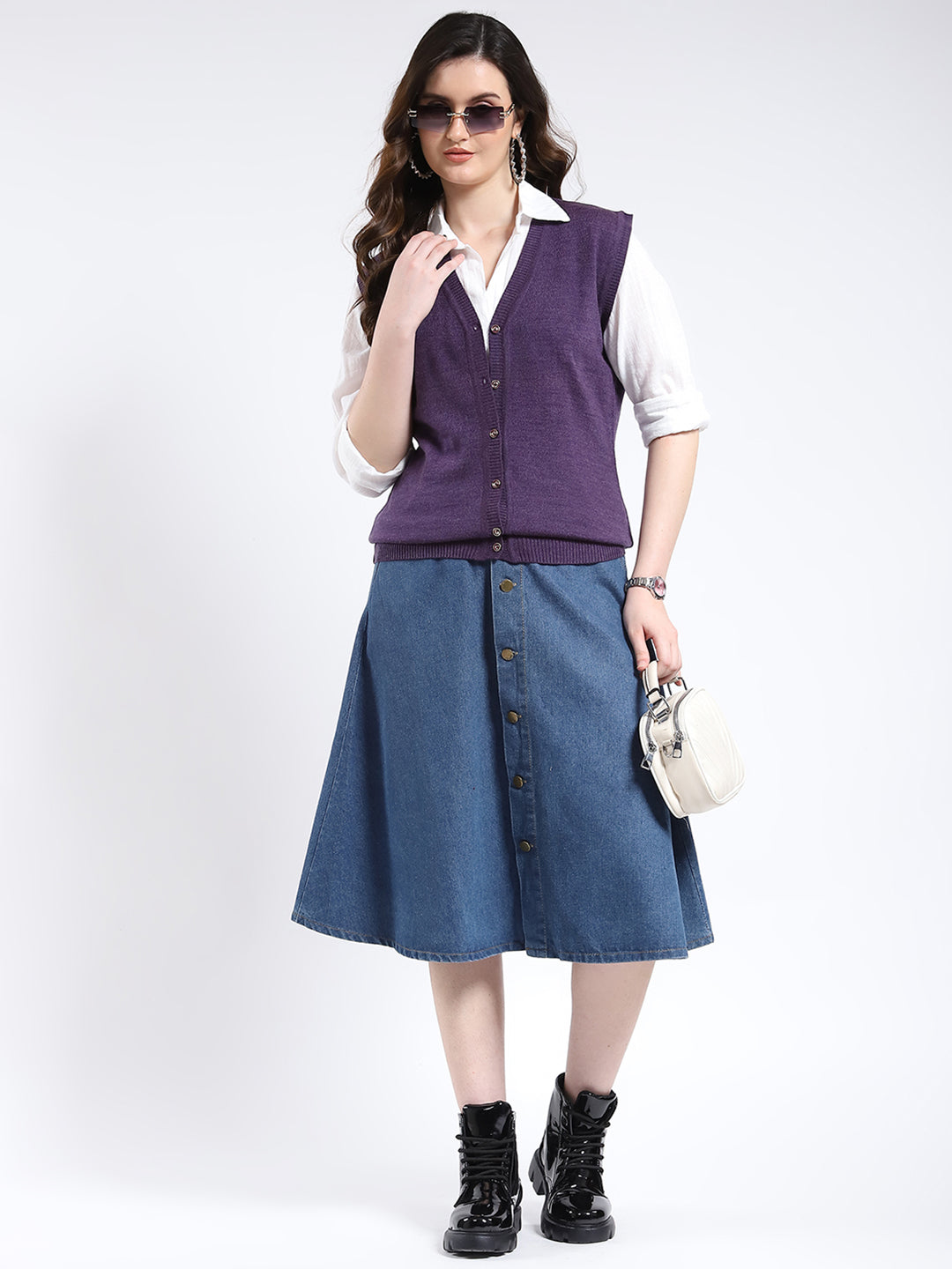 Women Purple Solid V Neck Sleeveless Cardigan
