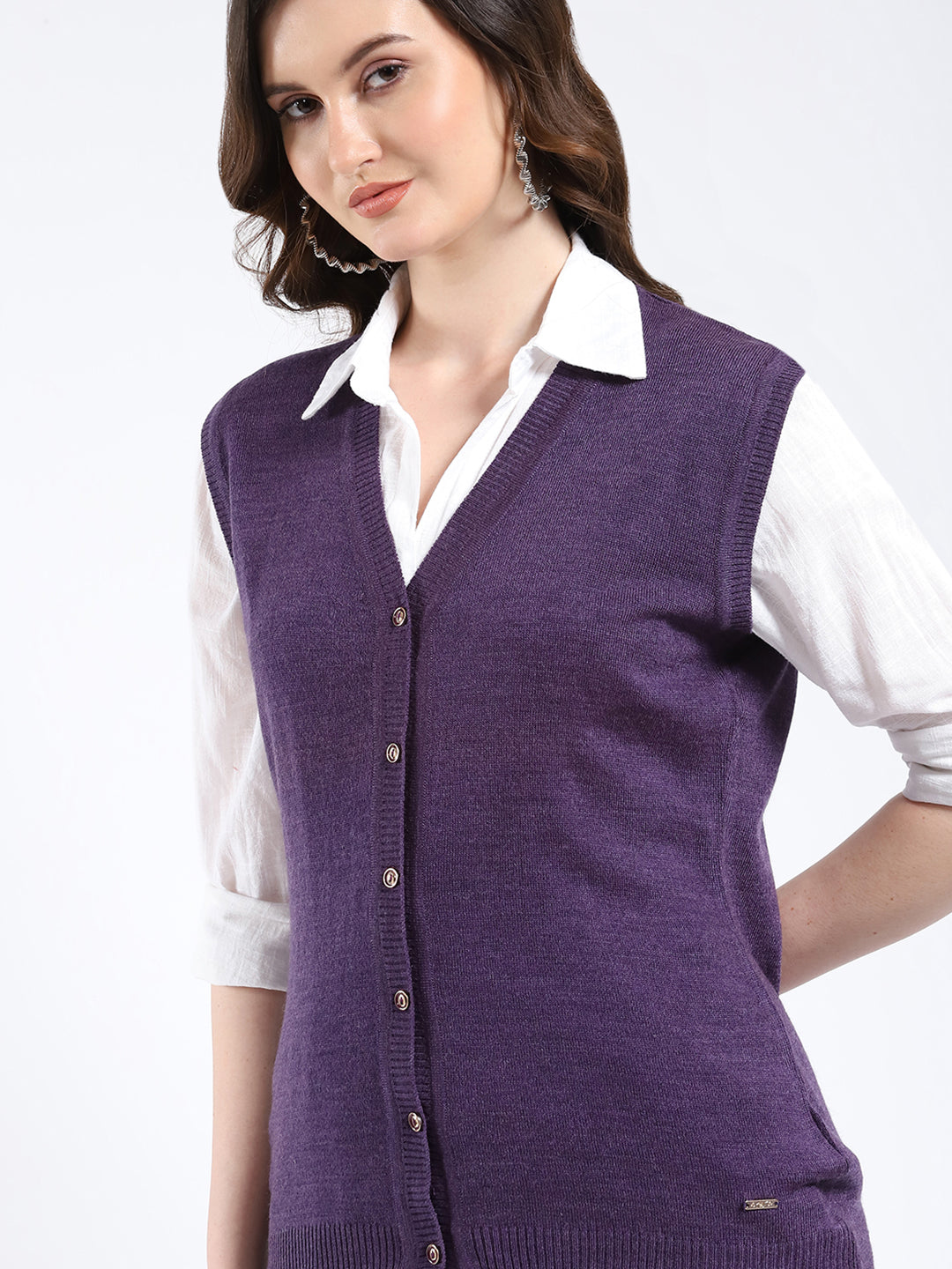 Women Purple Solid V Neck Sleeveless Cardigan