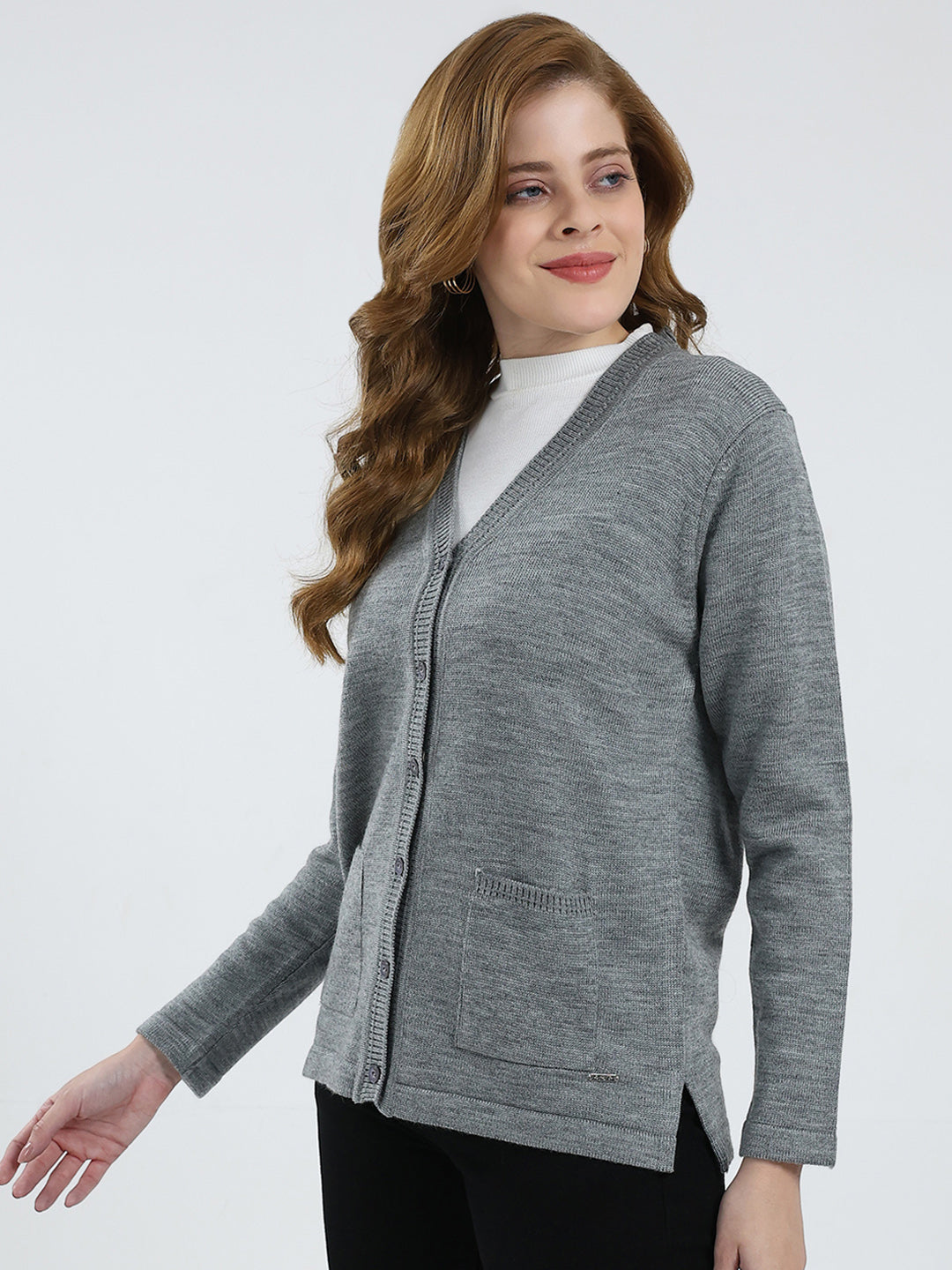 Women Grey Solid V Neck Full Sleeve Cardigan