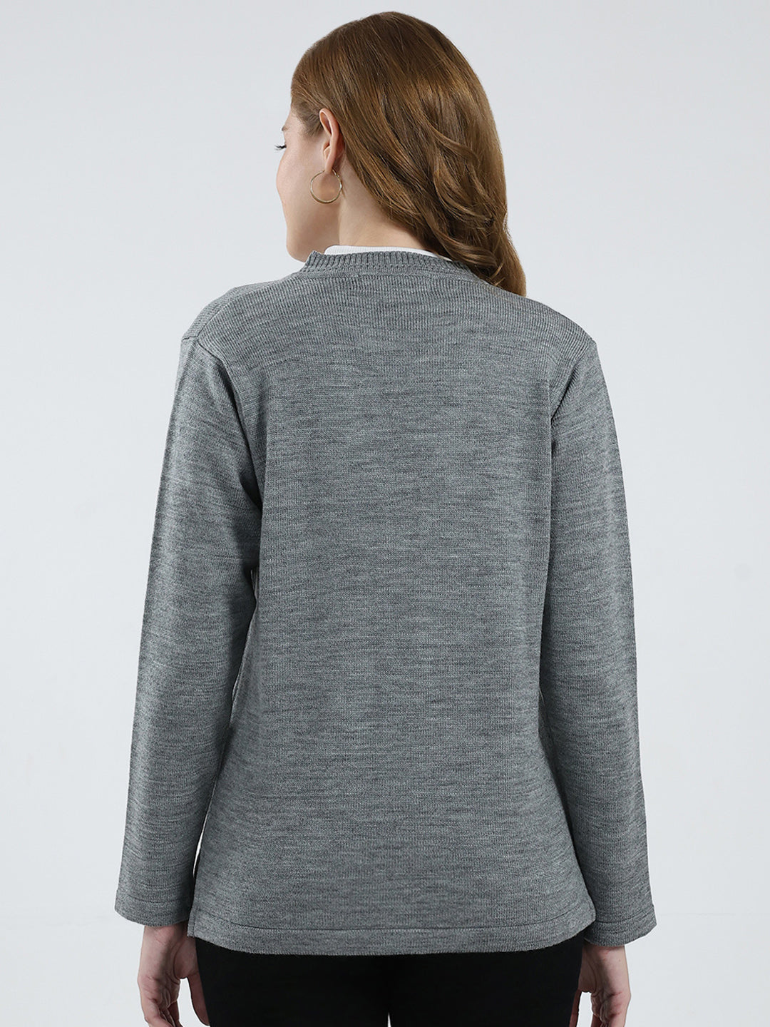 Women Grey Solid V Neck Full Sleeve Cardigan