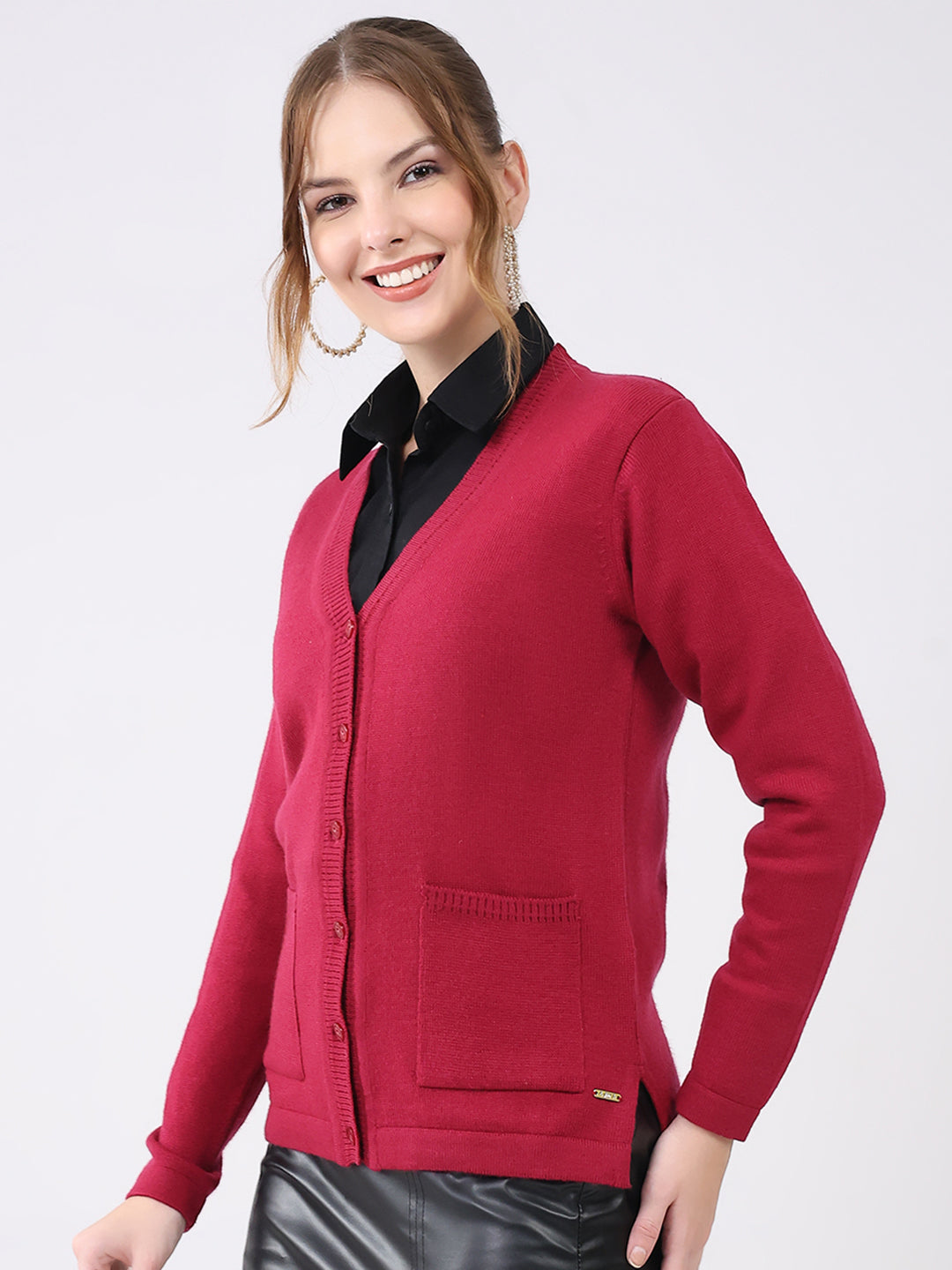 Women Maroon Solid V Neck Full Sleeve Cardigan
