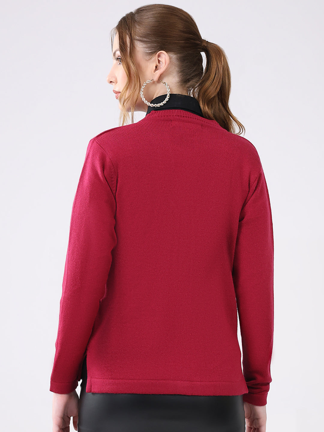 Women Maroon Solid V Neck Full Sleeve Cardigan