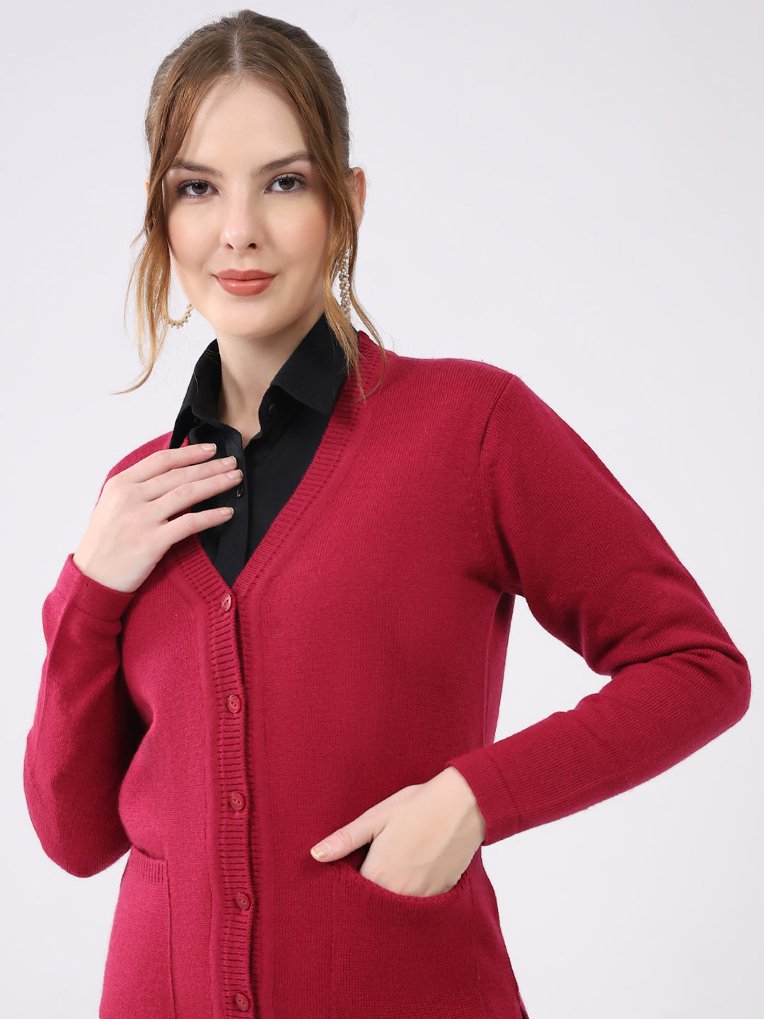 Women Maroon Solid V Neck Full Sleeve Cardigan