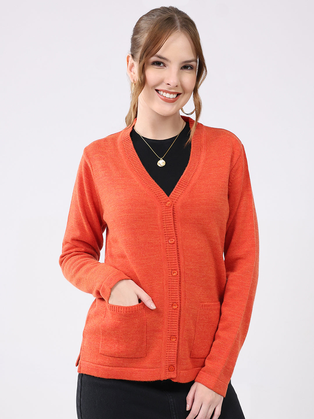 Women Orange Solid V Neck Full Sleeve Cardigan