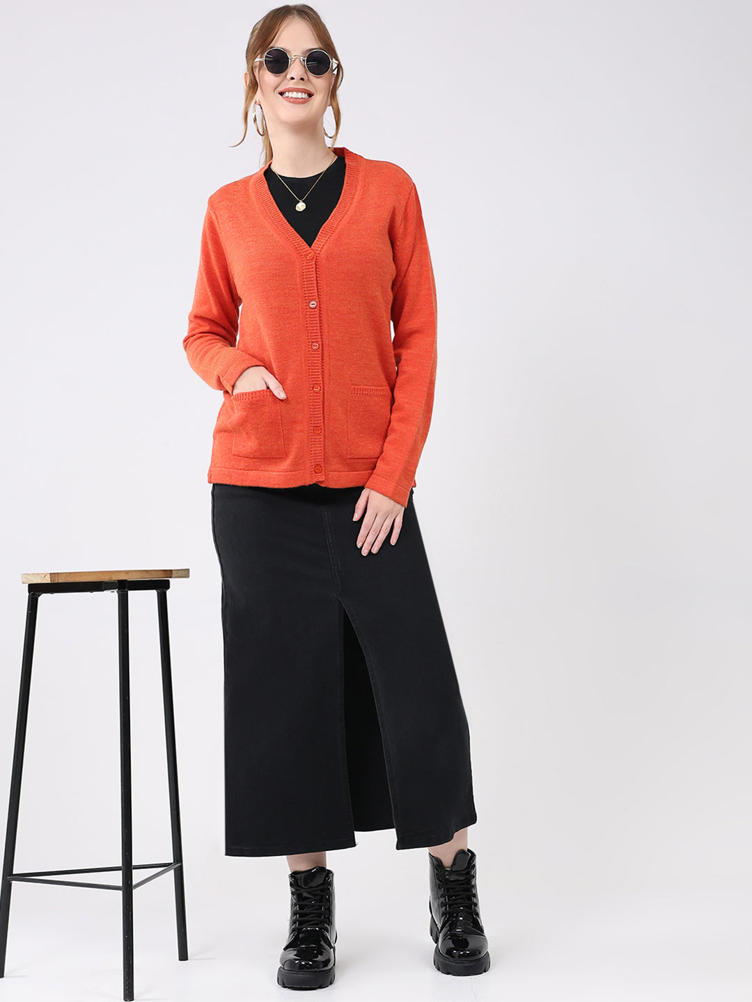 Women Orange Solid V Neck Full Sleeve Cardigan