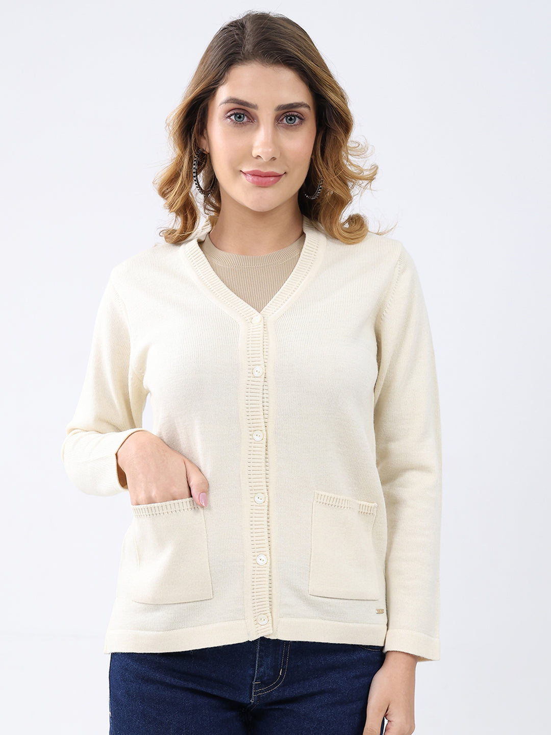 Women Cream Solid V Neck Full Sleeve Cardigan